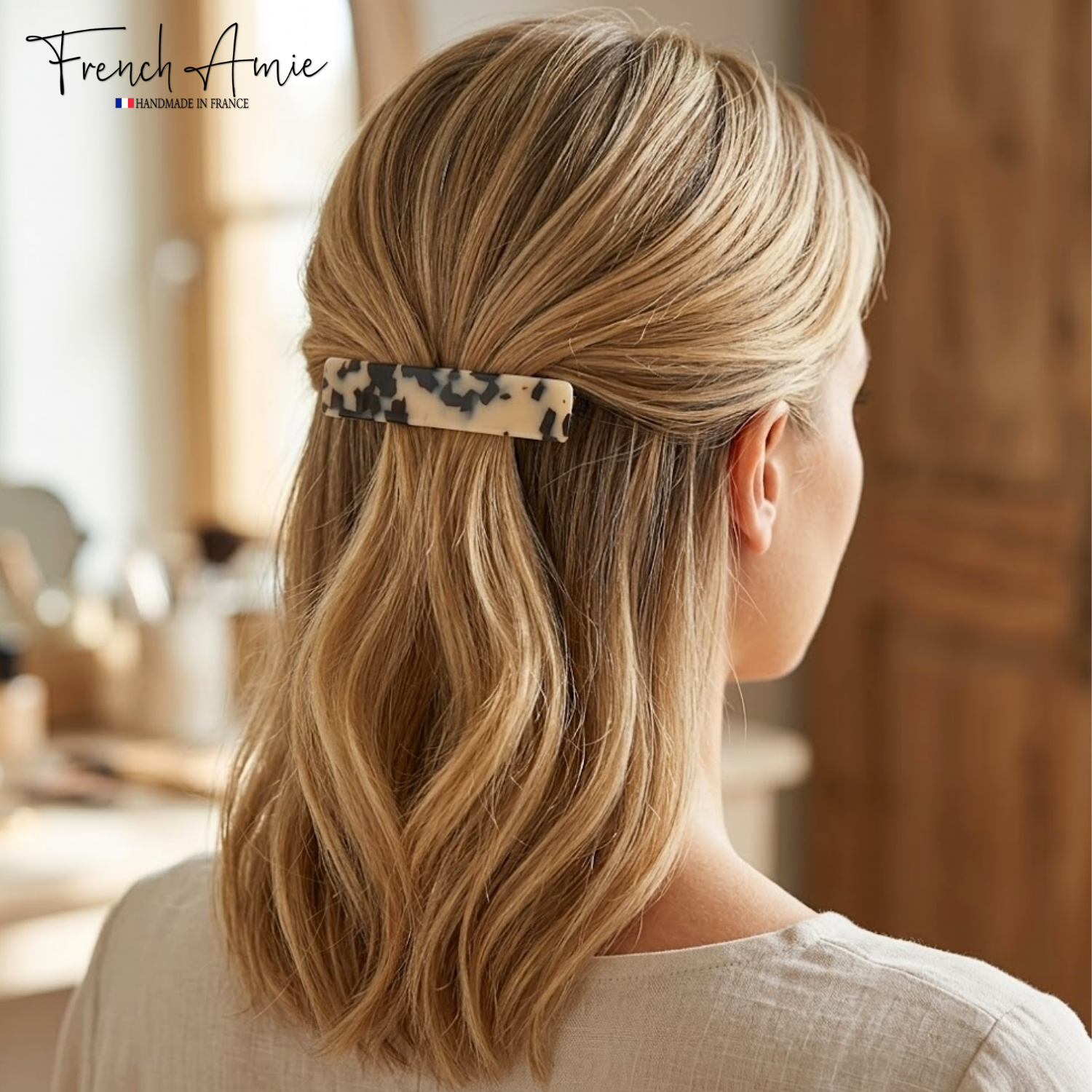 French Amie Oblong 3 1/2" Cellulose Handmade Automatic Hair Barrette for Women