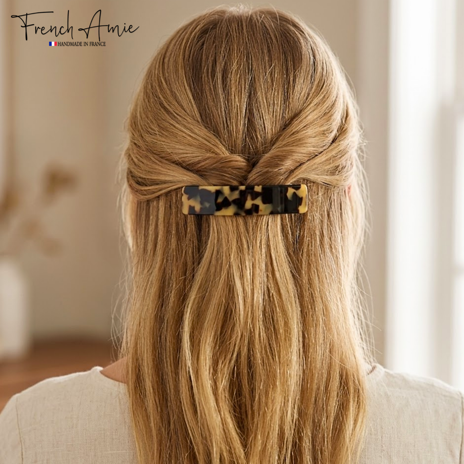 French Amie Oblong 3 1/2" Cellulose Handmade Automatic Hair Barrette for Women