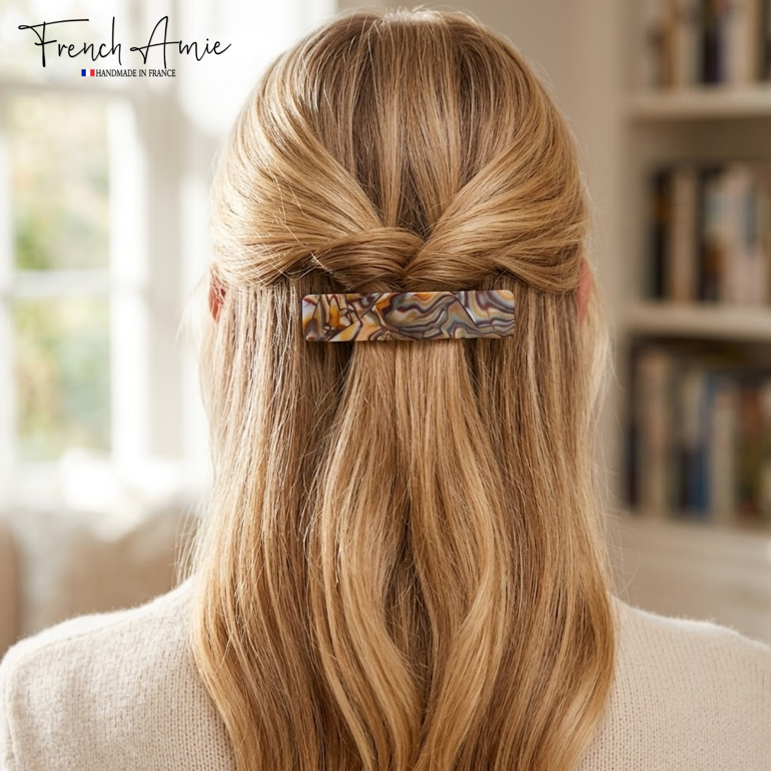 French Amie Oblong 3 1/2" Cellulose Handmade Automatic Hair Barrette for Women
