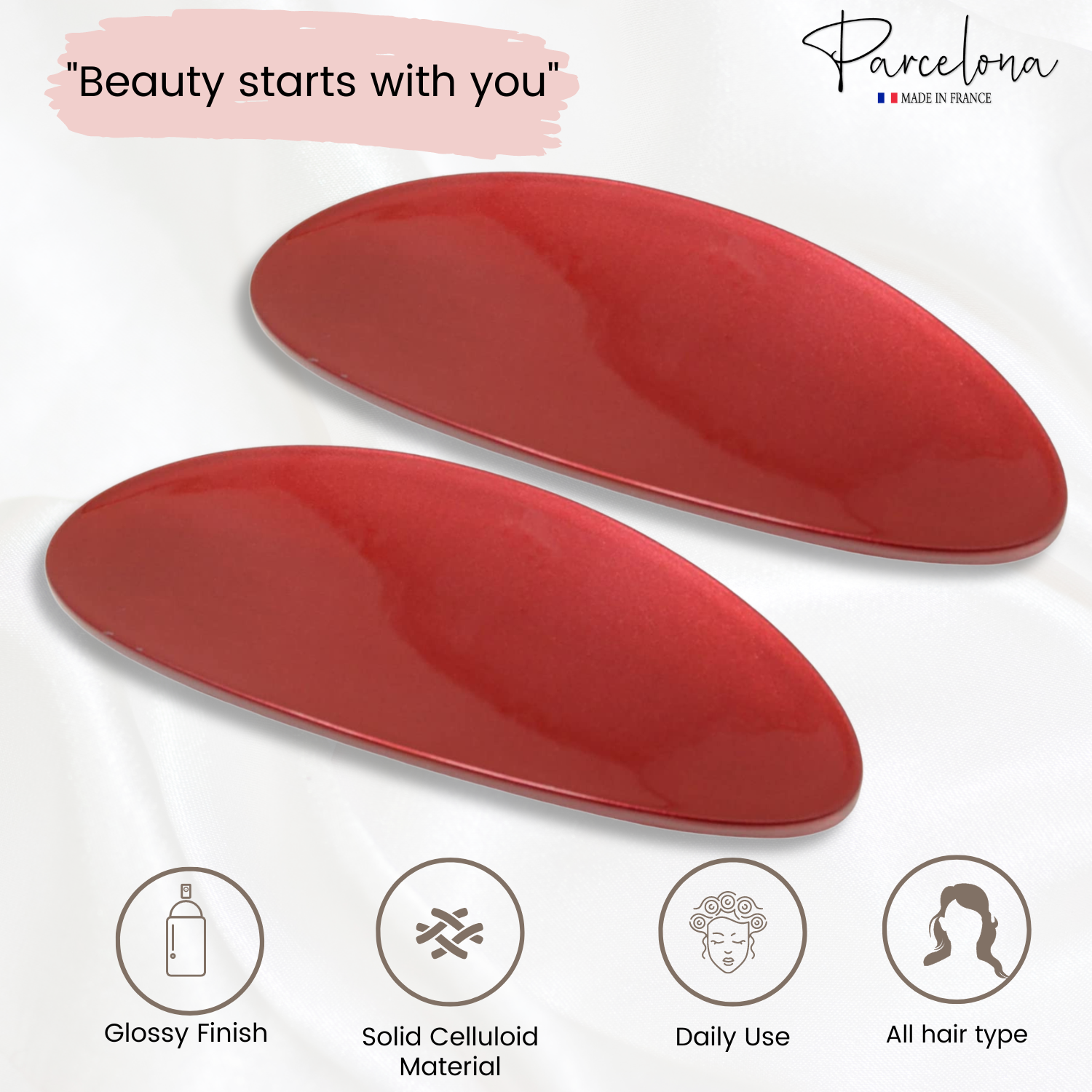 Parcelona French Oval Glossy Red Large Cellulose Hair Barrettes for Women (2Pcs)