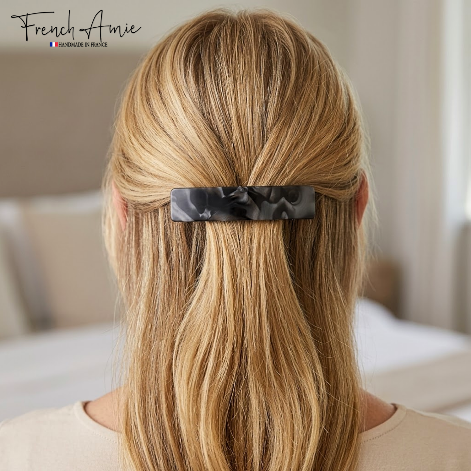 French Amie Oblong 3 1/2" Cellulose Handmade Automatic Hair Barrette for Women