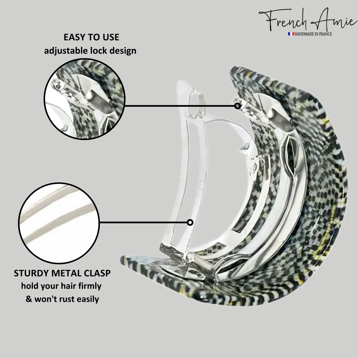 French Amie Half Circle 2 1/4" Medium Opera Curved Handmade Cellulose Hair Clip