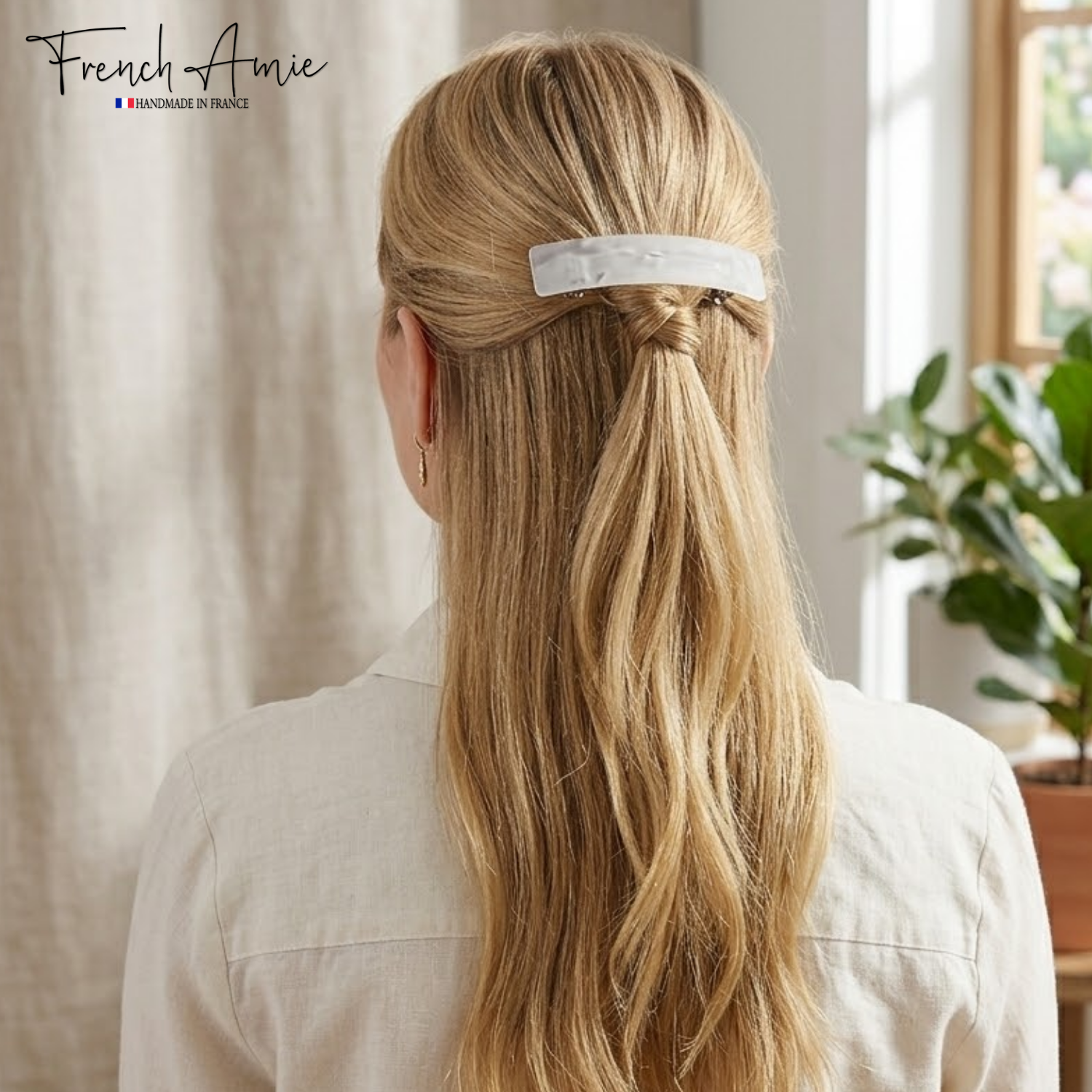 French Amie Oblong 3 1/2" Cellulose Handmade Automatic Hair Barrette for Women