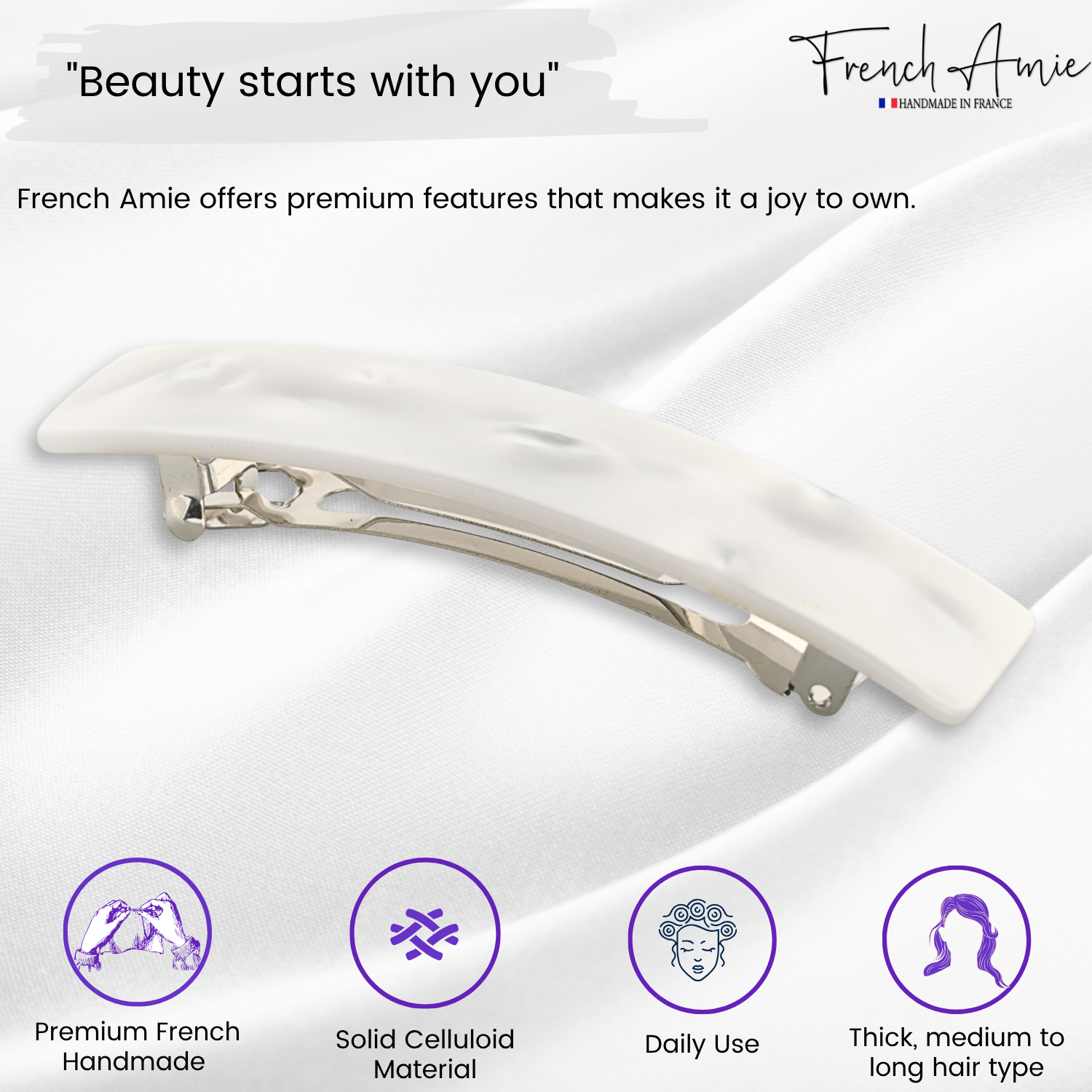 French Amie Oblong 3 1/2" Cellulose Handmade Automatic Hair Barrette for Women