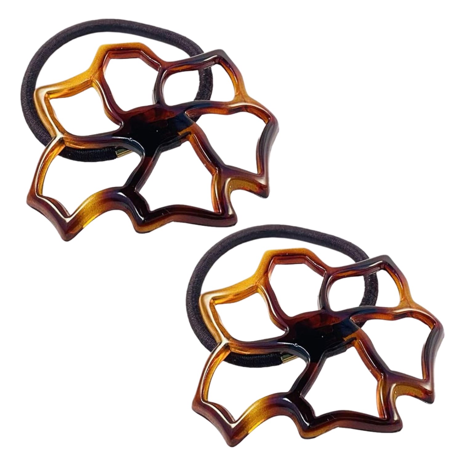 Parcelona French Floral Cut Out Tortoise Shell Brown Small 2 ½” Cellulose Flexible Set of 2 Thin Elastic Hair Tie for Girls and Women
