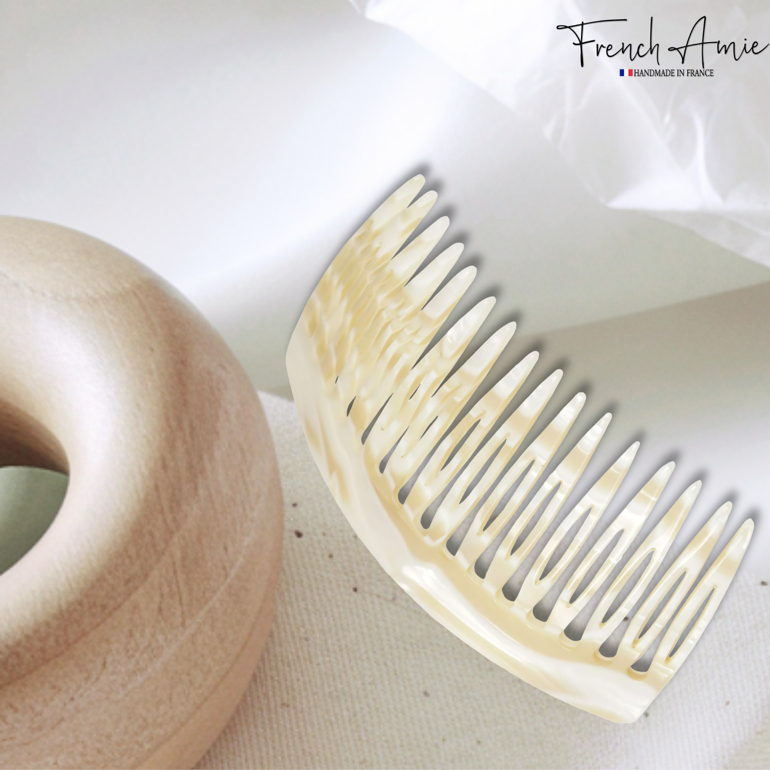 French Amie Handmade Ivory Cream Medium Celluloid 16 Teeth Side Hair Comb