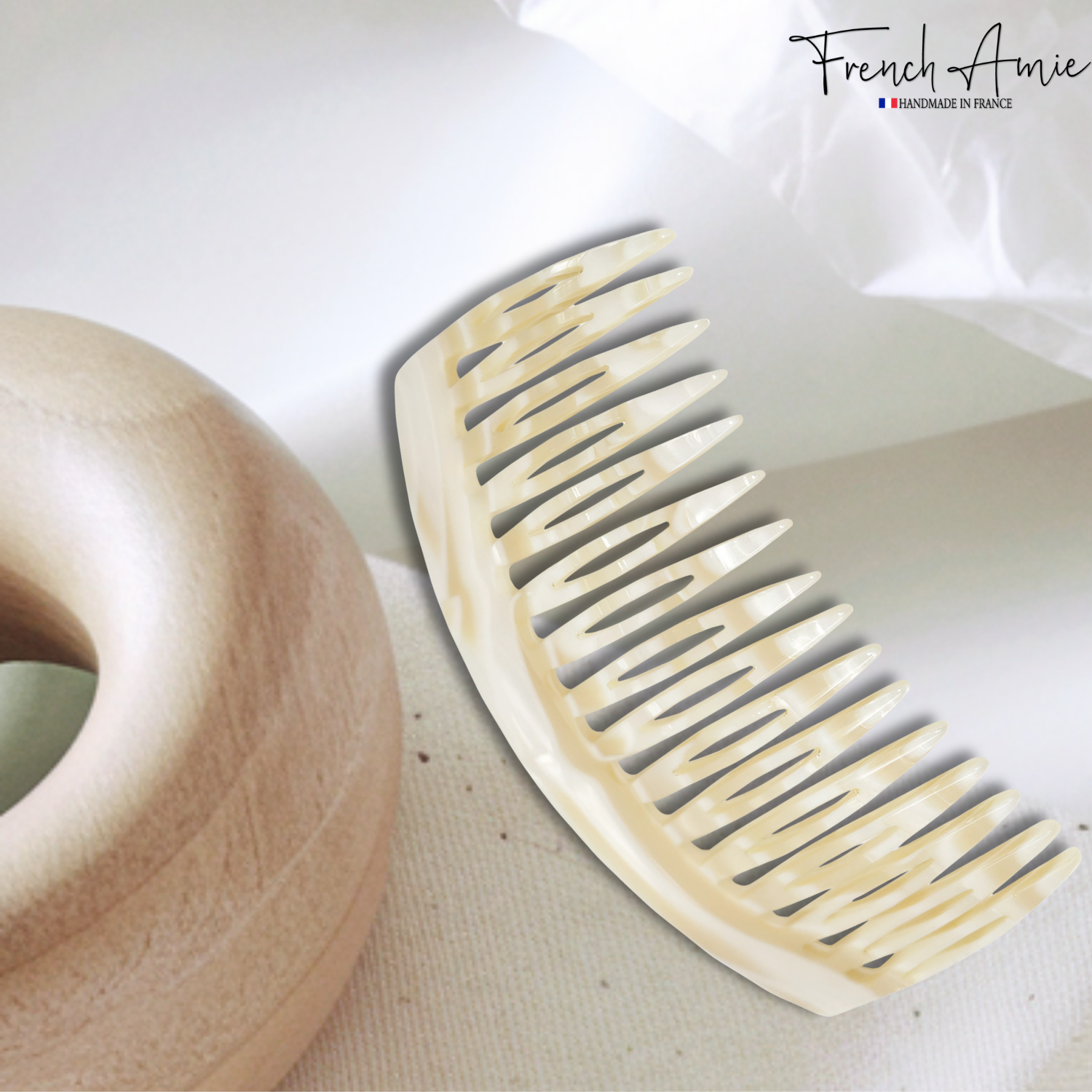 French Amie Handmade Ivory Cream Medium Celluloid 16 Teeth Side Hair Comb