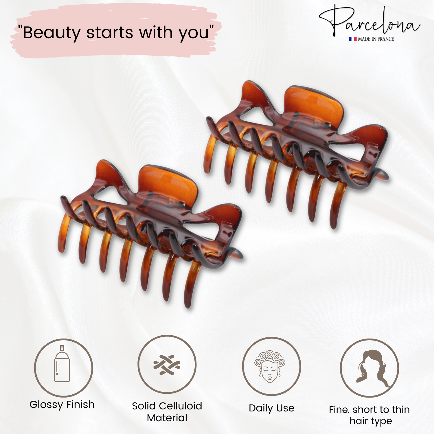 Parcelona French Classic Small 2.5" Celluloid Set of 2 Jaw Hair Claws for Women