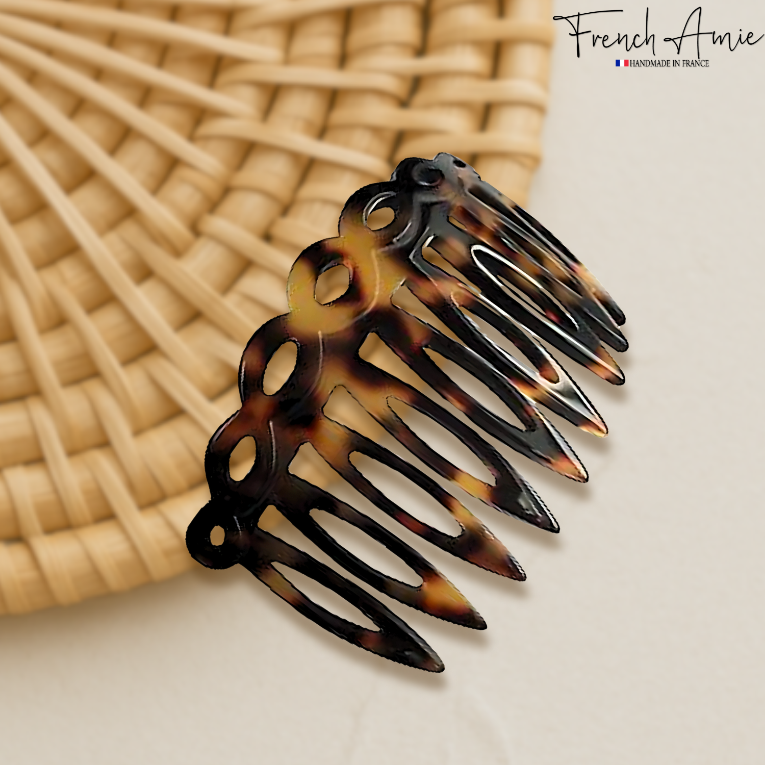 French Amie Handmade Medium Tokyo Open Curved 9 Teeth Shell Side Hair Comb