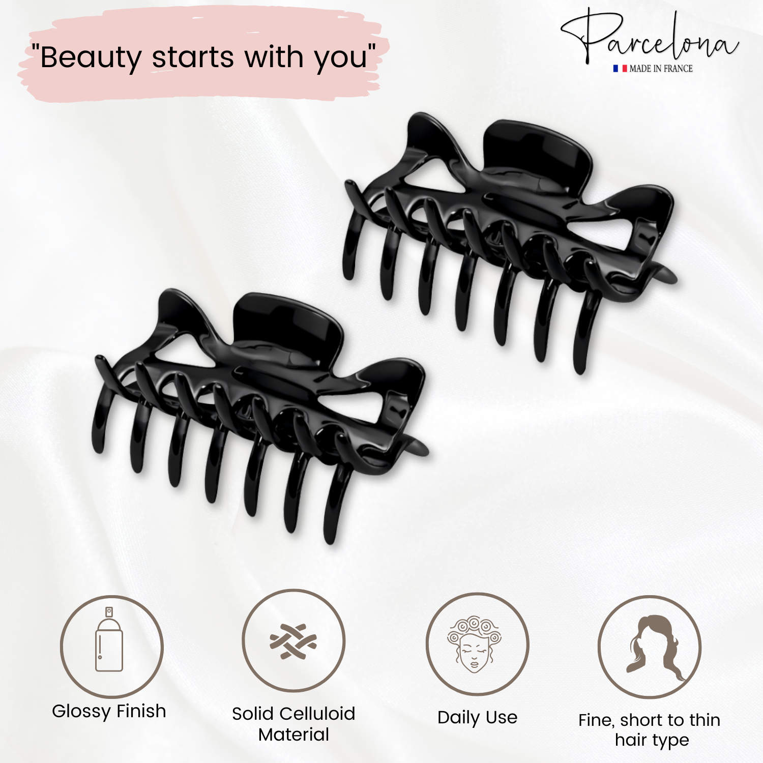 Parcelona French Classic Small 2.5" Celluloid Set of 2 Jaw Hair Claws for Women
