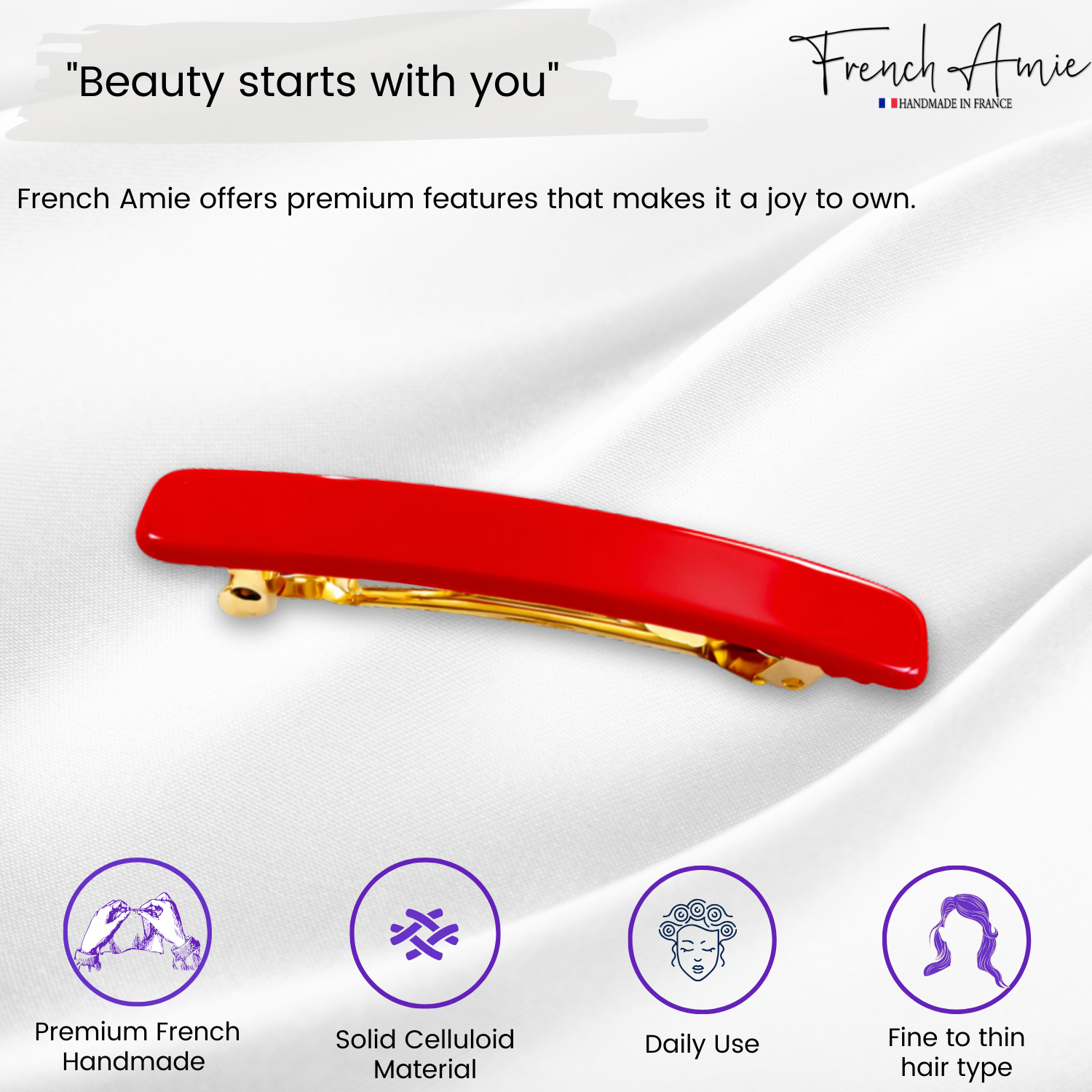 French Amie Small 2 1/4" Cellulose Handmade Hair Barrette for Women and Girls