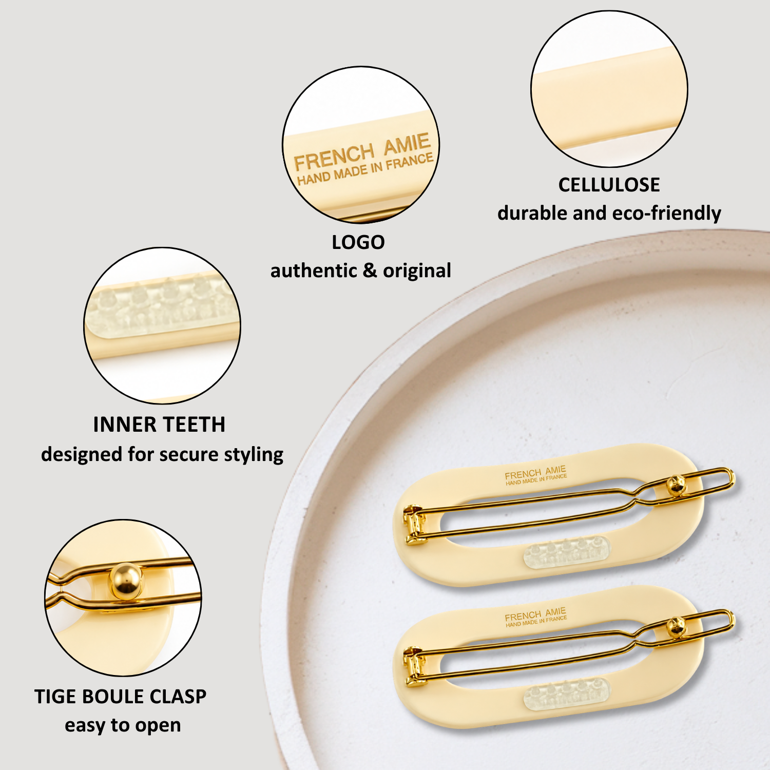 French Amie Mini Oval 2” Cellulose Handmade Snap Tige Boule Hair Clips