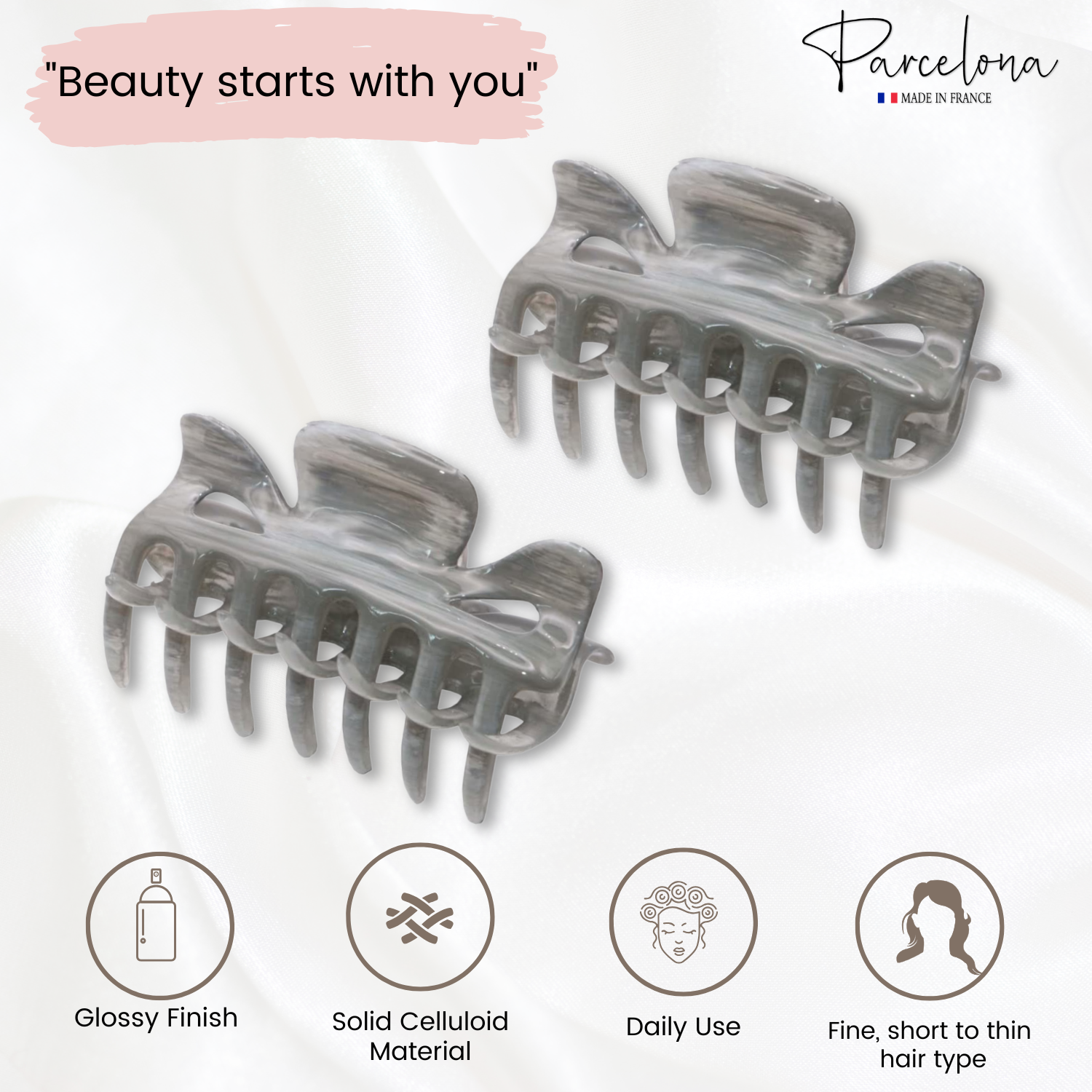 Parcelona French Classic Small 2.5" Celluloid Set of 2 Jaw Hair Claws for Women