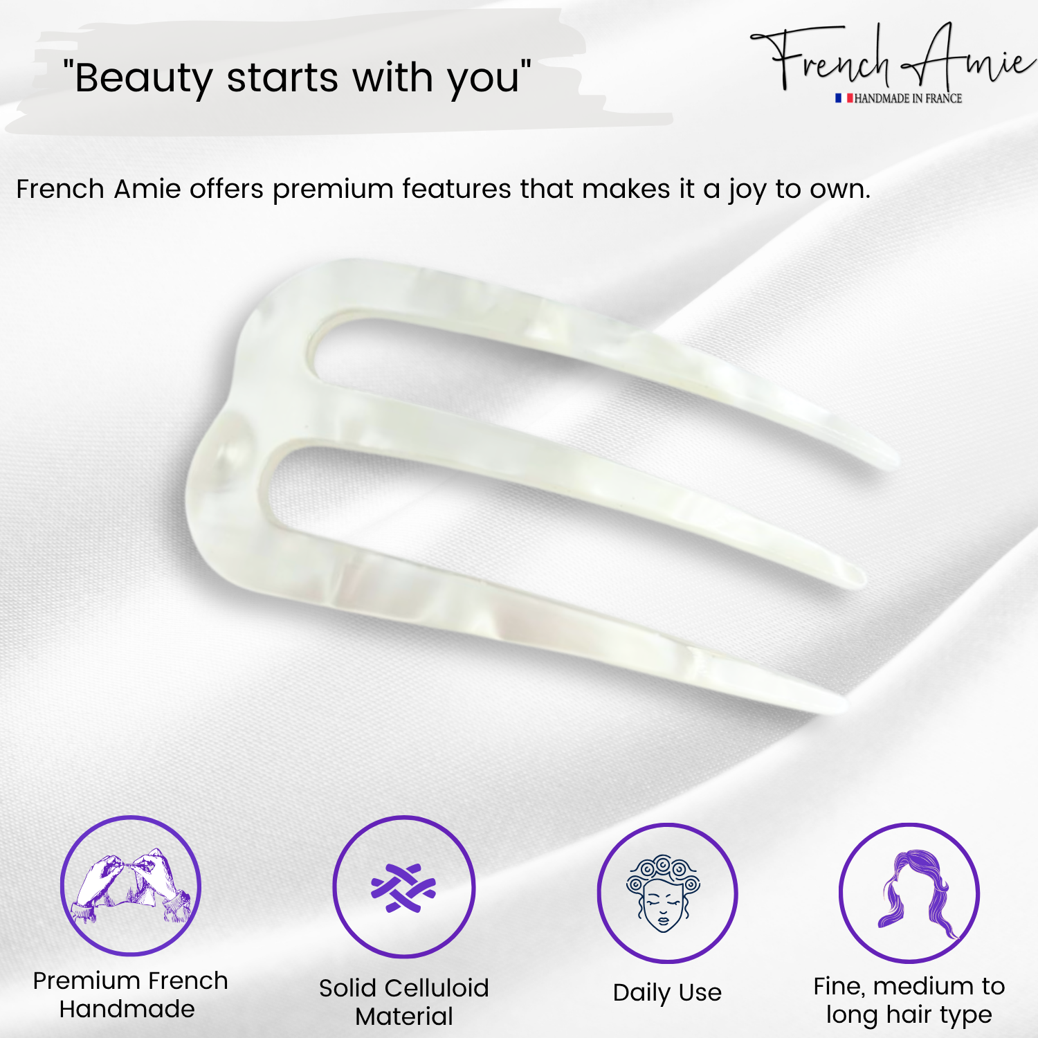 French Amie Tri Prongs 3" Medium Handmade Cellulose Bun Holder Women Hair Pin