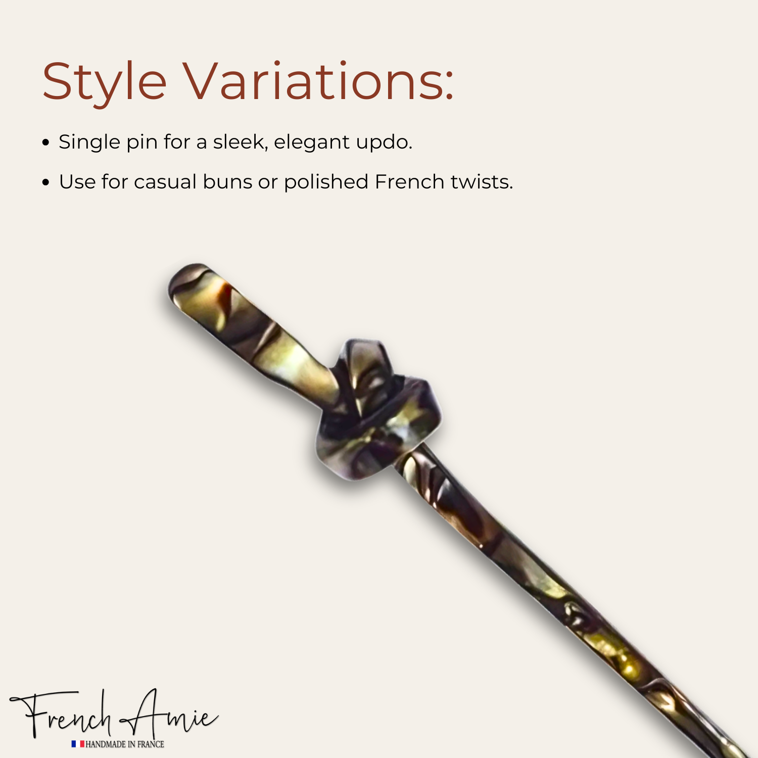 French Amie Knot Handmade 7" Onyx Cellulose Acetate Chignon Bun Hair Pin Stick