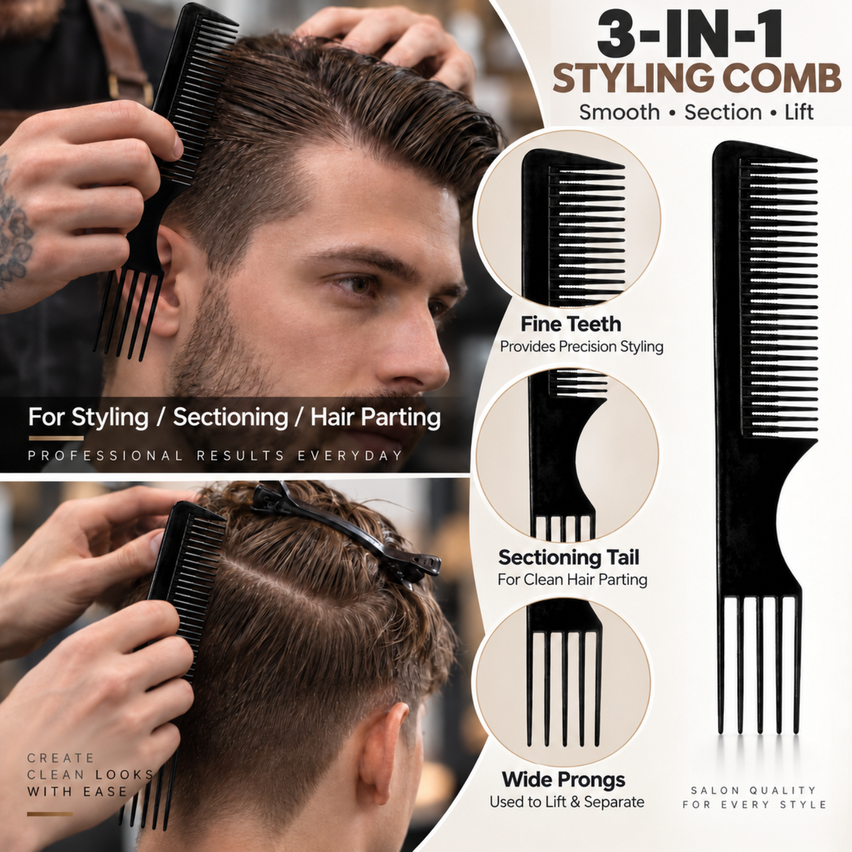 Parcelona French Salon Hair Comb Set of 3 Black Rat Tail Teasing Styling Combs