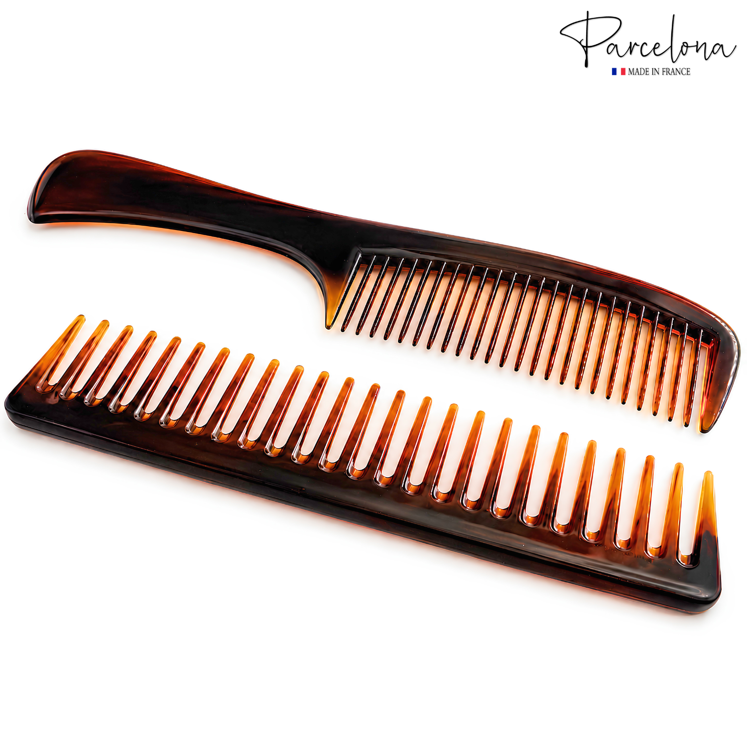 Parcelona 2pc Wide Tooth Comb Set French Cellulose Acetate Hair Detangler Combs