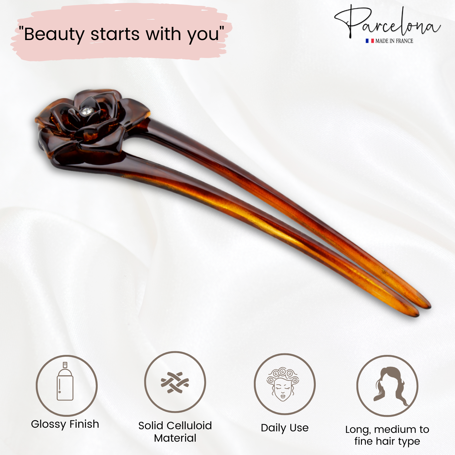 Parcelona French Large 5" U-Shaped Crystal Brown Cellulose Twist Stick Pin