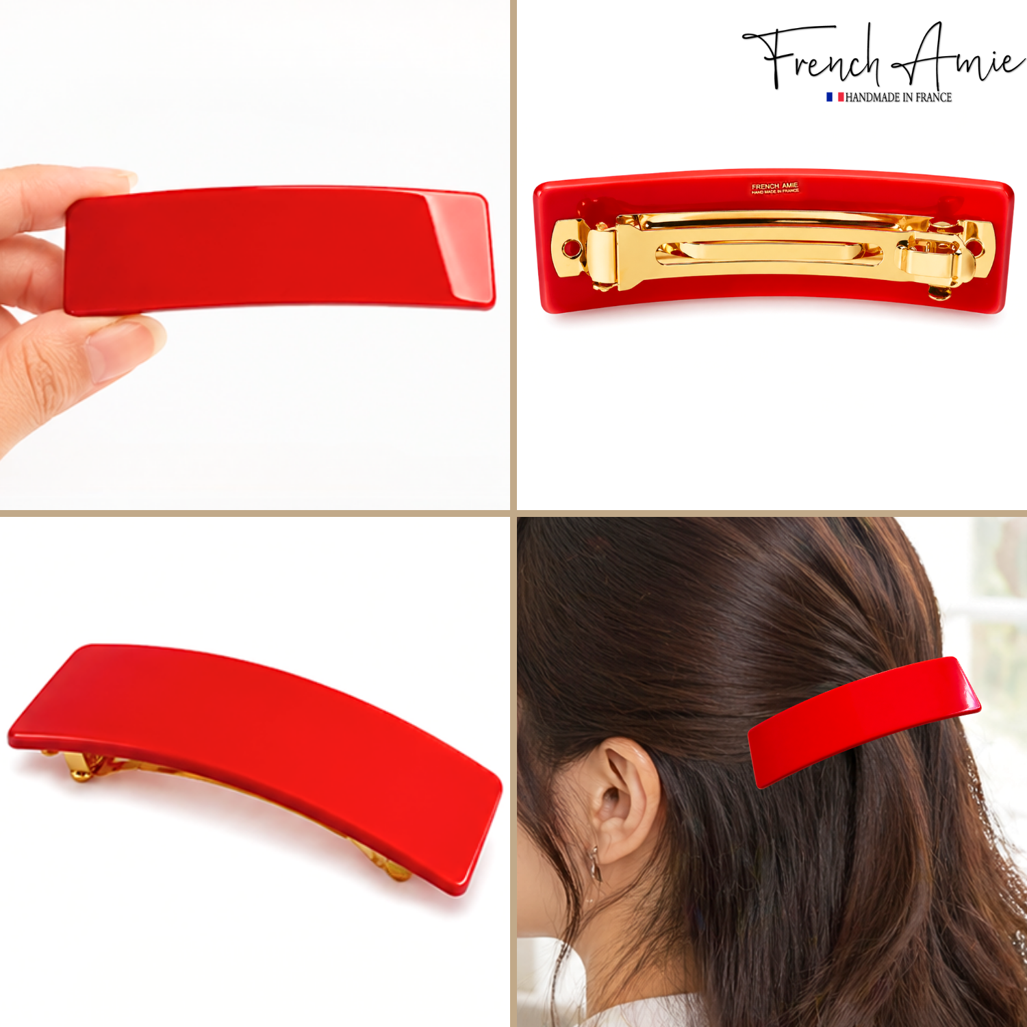 French Amie Fine Wide Rectangular 3" Cellulose Acetate Handmade Hair Clip Barrette