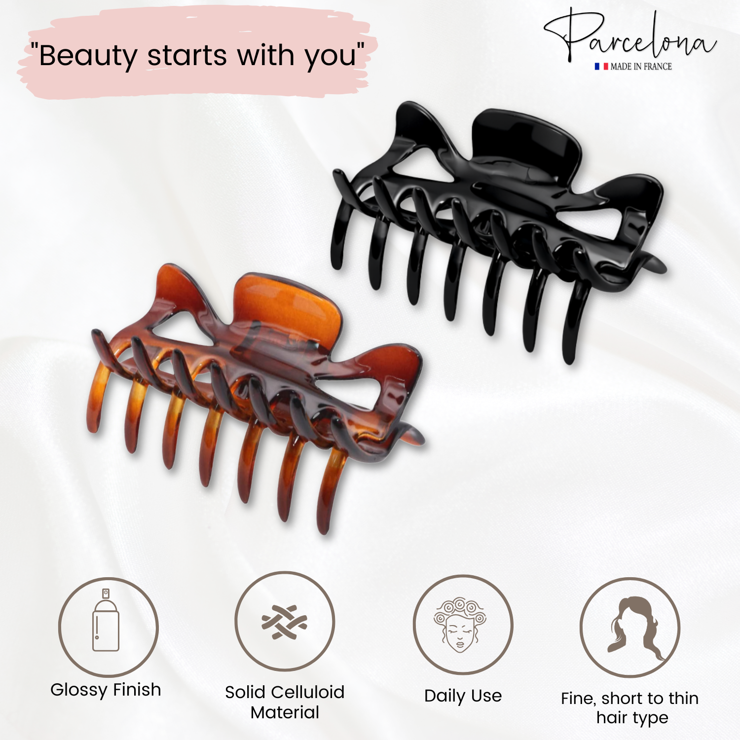 Parcelona French Classic 3" Medium Cellulose Hair Claws for Women & Girls (2Pcs)