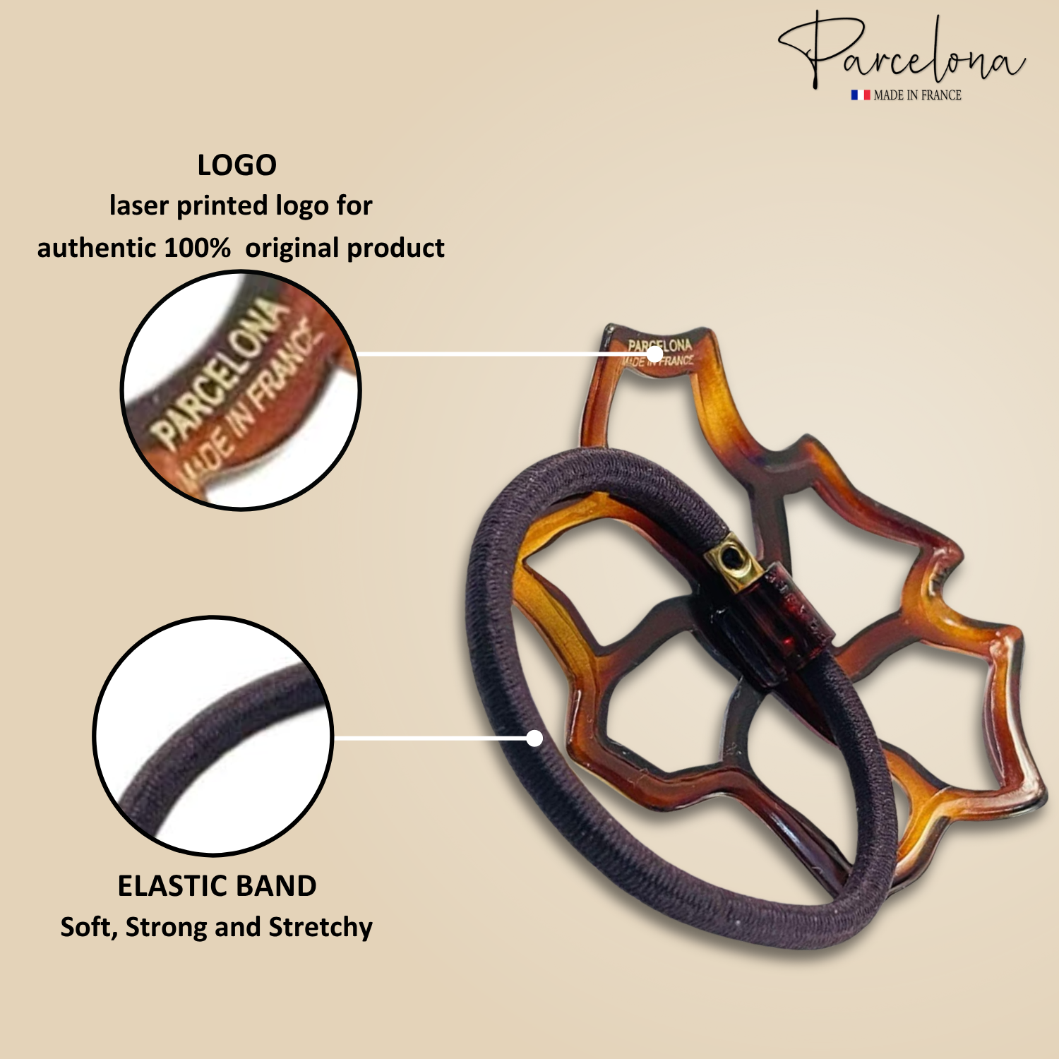 Parcelona French Floral Cut Out Tortoise Shell Brown Small 2 ½” Cellulose Flexible Set of 2 Thin Elastic Hair Tie for Girls and Women