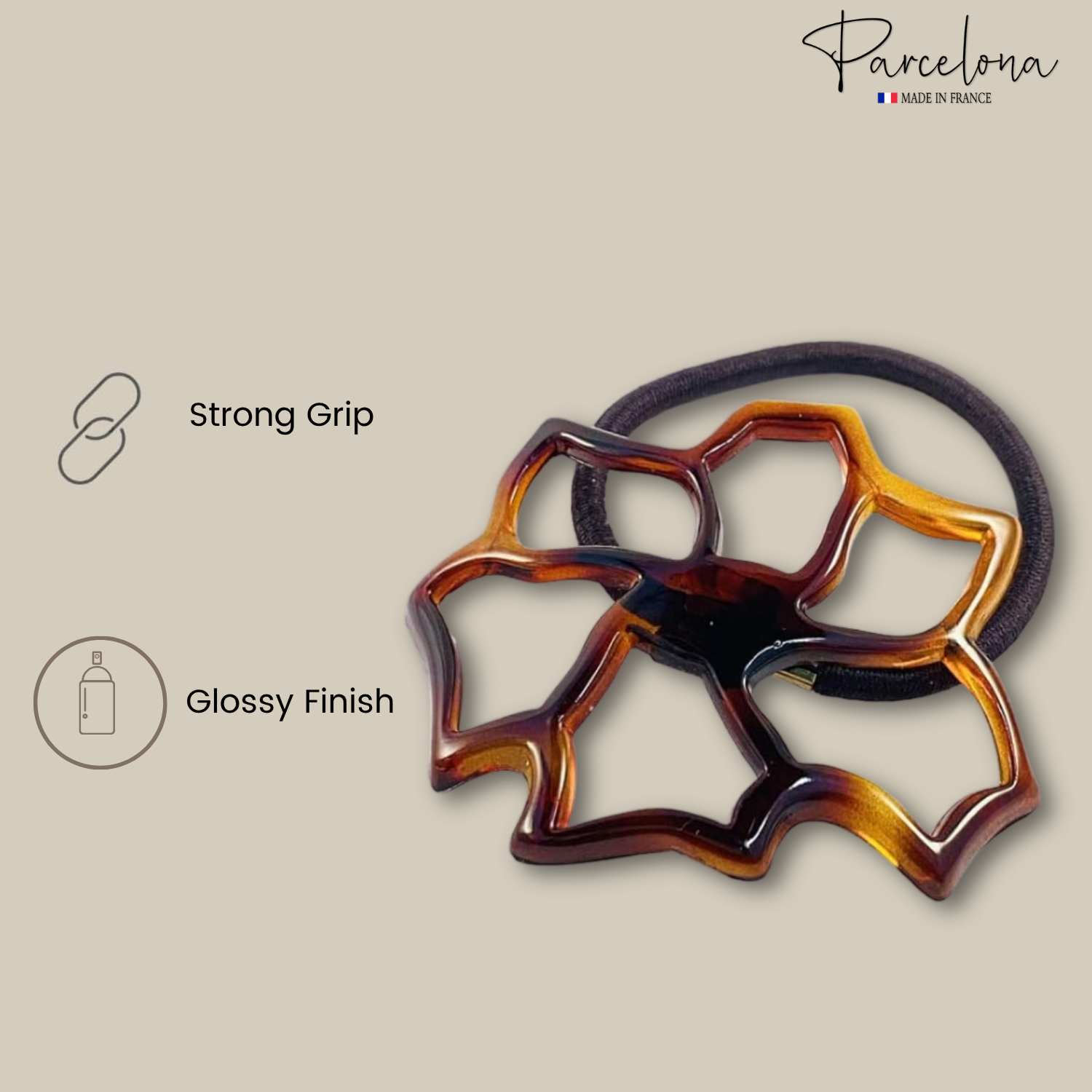 Parcelona French Floral Cut Out Tortoise Shell Brown Small 2 ½” Cellulose Flexible Set of 2 Thin Elastic Hair Tie for Girls and Women