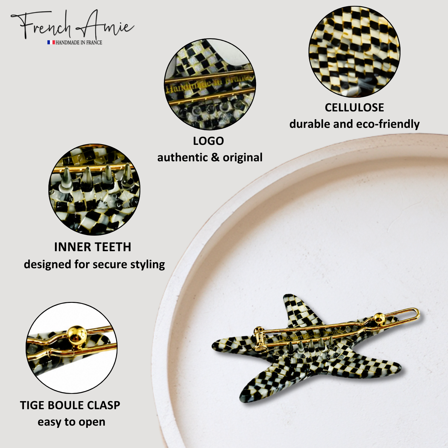 French Amie Star Fish Small Hair Clips Cellulose Acetate Beach Barrette Slide Set of 2