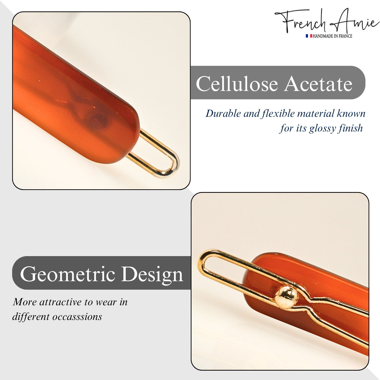 French Amie Rounded Oblong Small 2.5" Tige Boule Metal Clasp Hair Barrettes