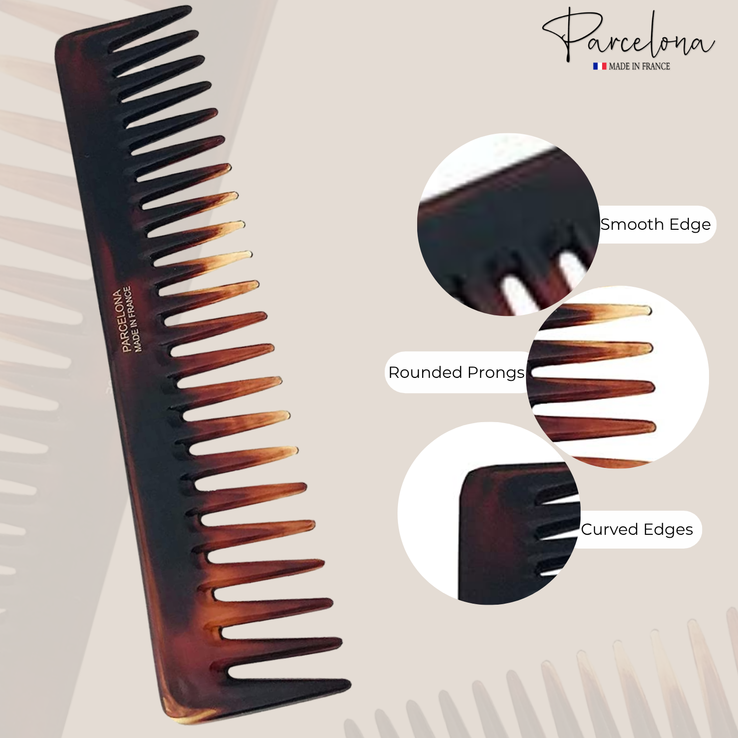 Parcelona French Volume Long Rake Set of 2 Shell Black Cellulose Wide Hair Combs