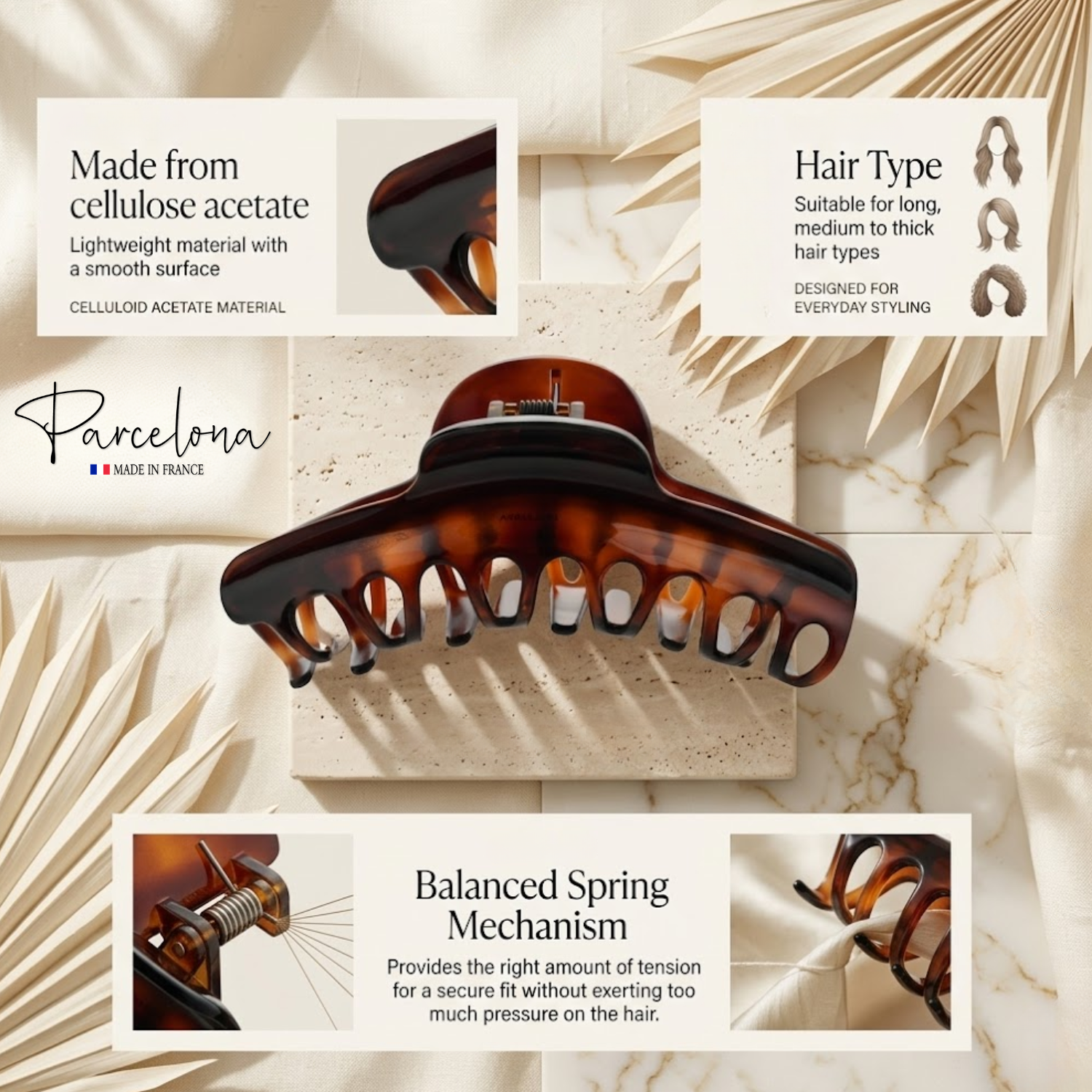 Parcelona French Curvy Large 5 Inches Long Cellulose Tortoise Shell Hair Claw