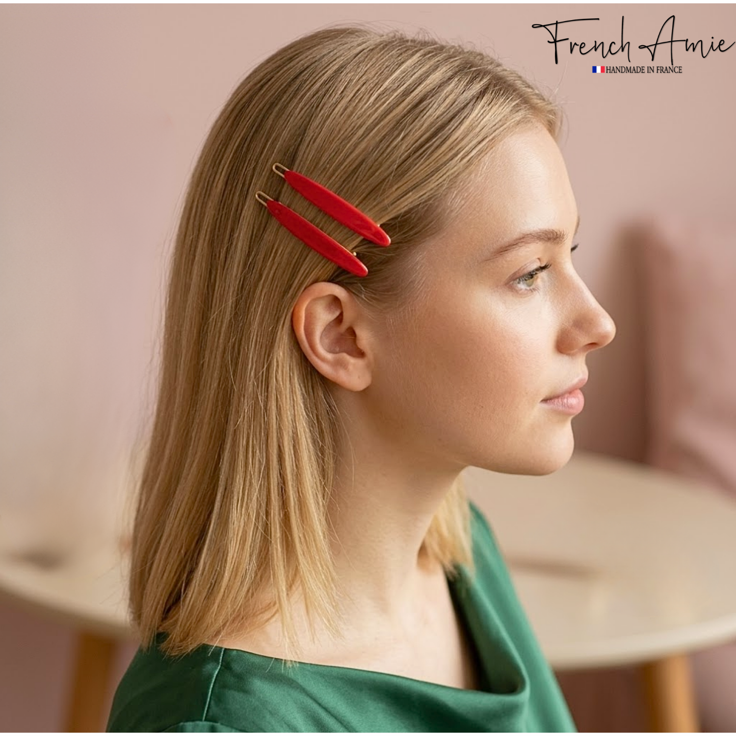French Amie Narrow Oblong Small Hair Clip - Tige Boule Women Barrette Set Of 2