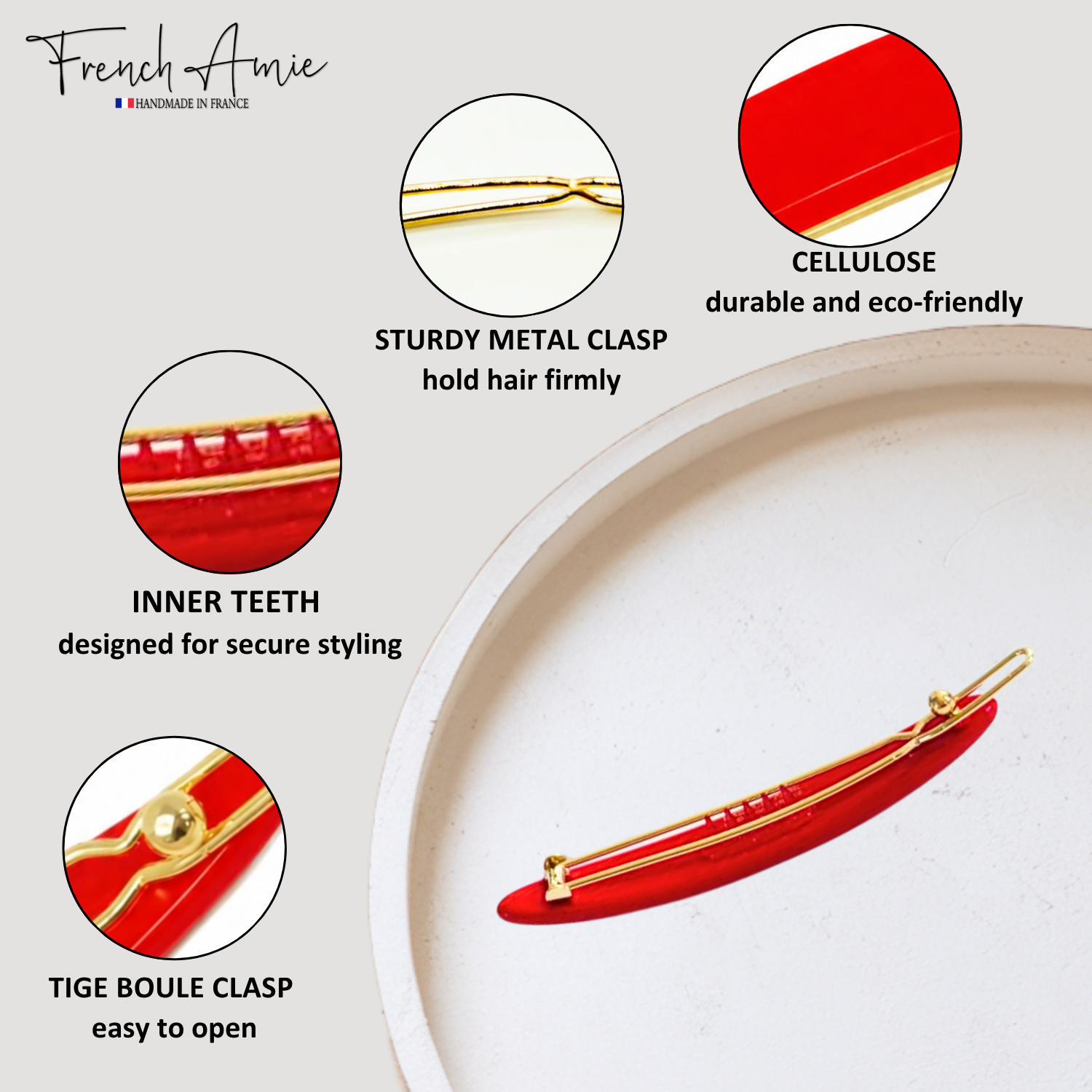 French Amie Narrow Oblong Small Hair Clip - Tige Boule Women Barrette Set Of 2
