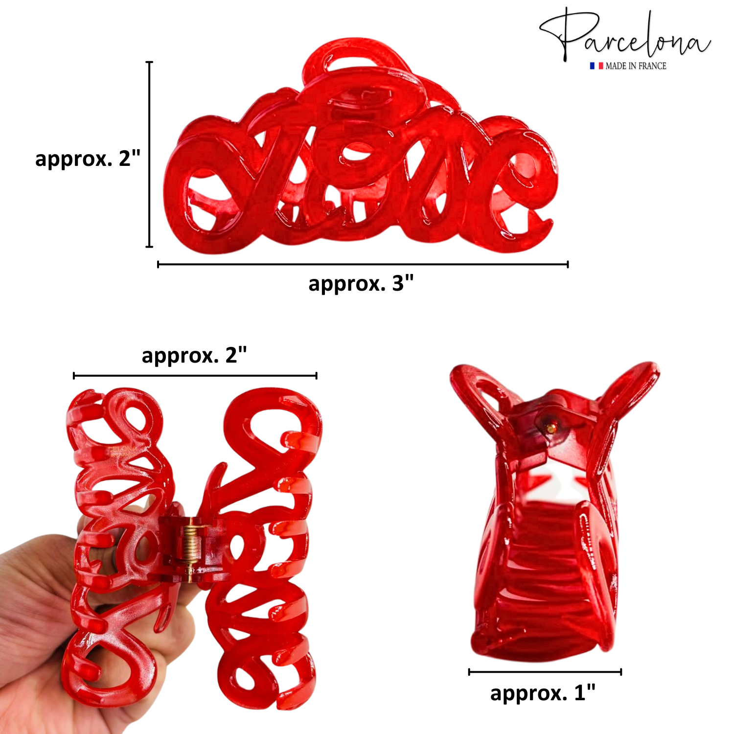 Parcelona French Love Medium 3" Cellulose Acetate Hair Claw Clip for Women