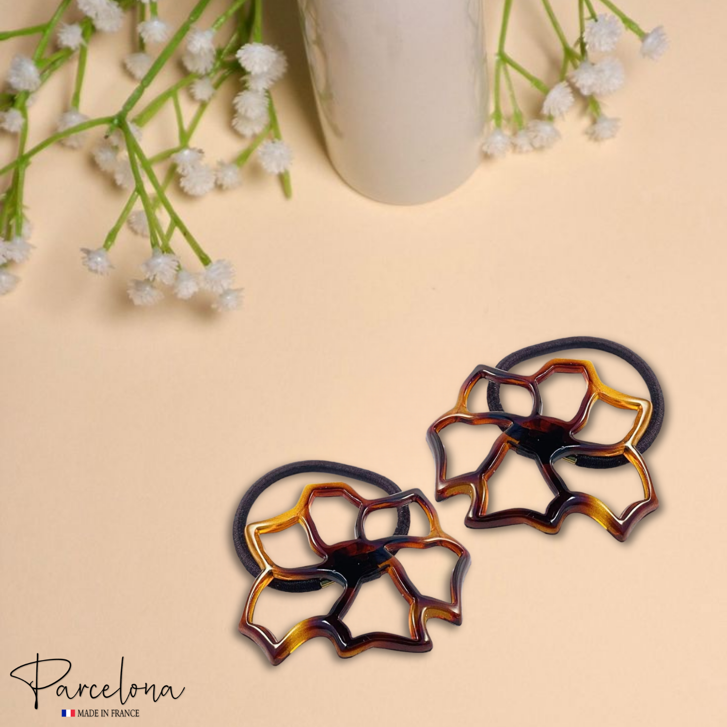 Parcelona French Floral Cut Out Tortoise Shell Brown Small 2 ½” Cellulose Flexible Set of 2 Thin Elastic Hair Tie for Girls and Women