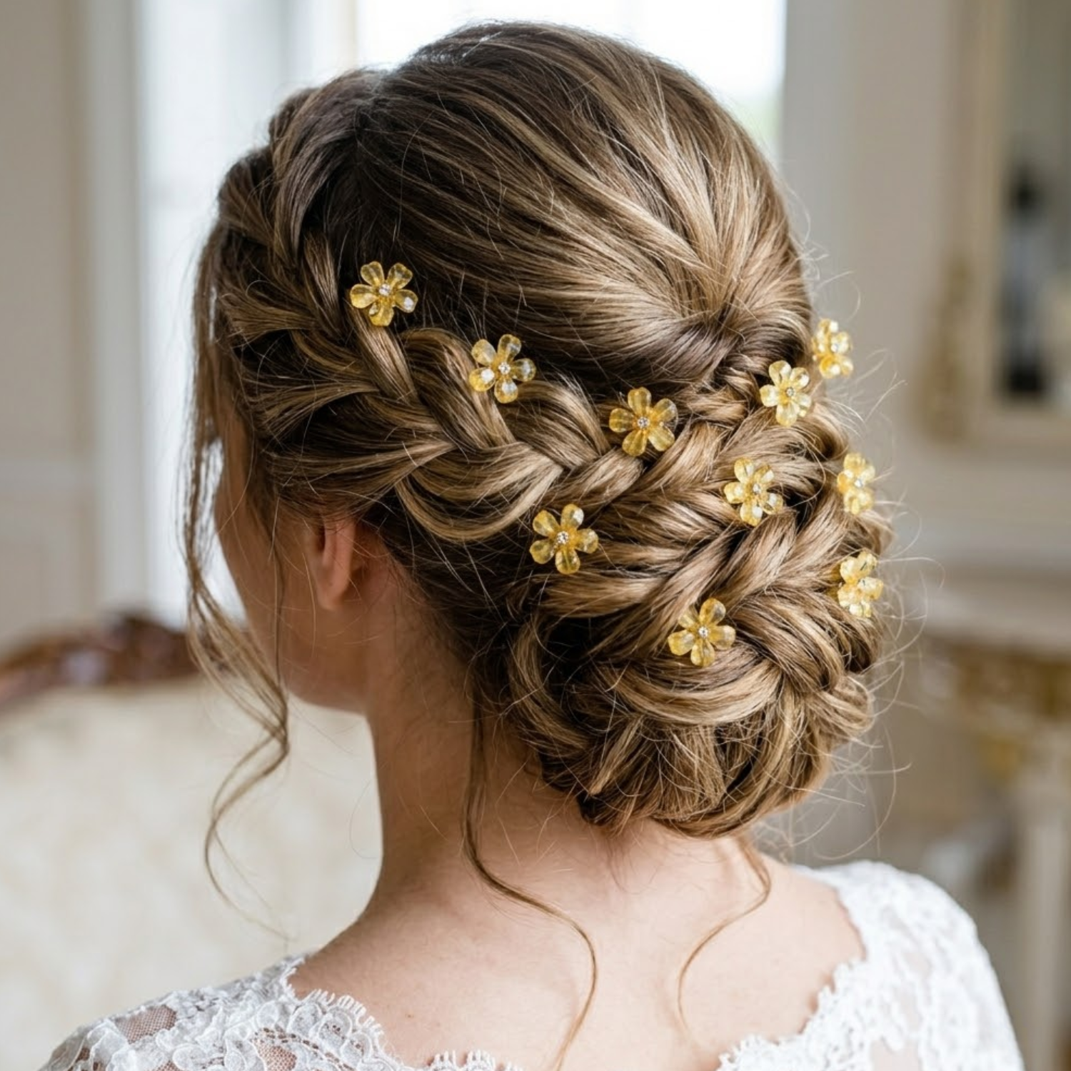 Moeni Petal Yellow Flower Small U Shaped Hair Pins for Women, Pack of 10