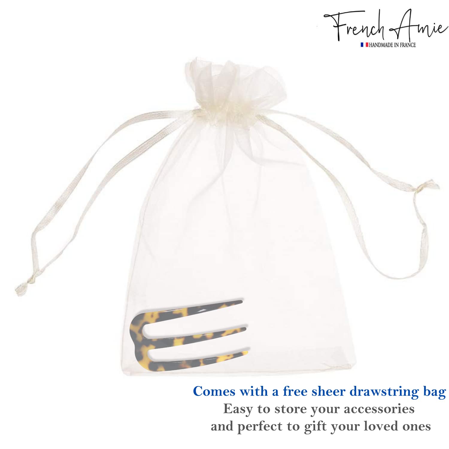 French Amie Tri Prongs 3" Medium Handmade Cellulose Bun Holder Women Hair Pin