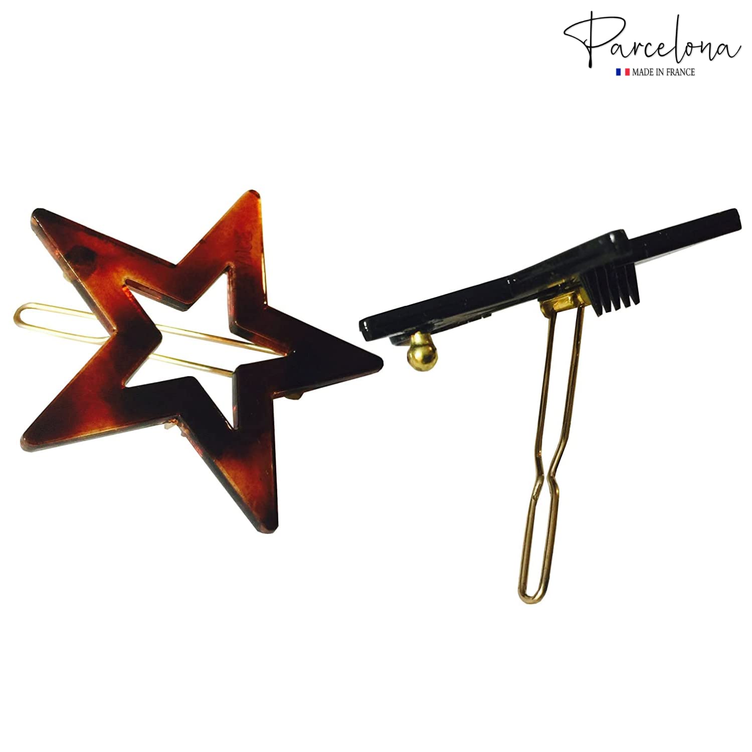 Parcelona French Twin Star Set of 2 Brown Shell N Black Cellulose Snap Hair Pins