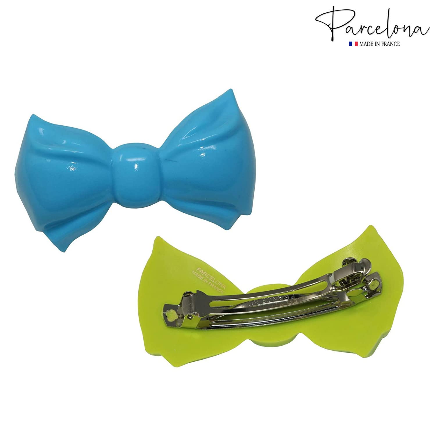 Parcelona French Angel Bow Blue and Green Small 2” Cellulose Set of 2 Hair Clip