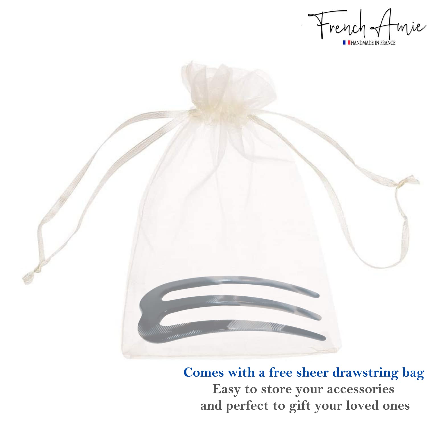French Amie Tri Prongs 3" Medium Handmade Cellulose Bun Holder Women Hair Pin