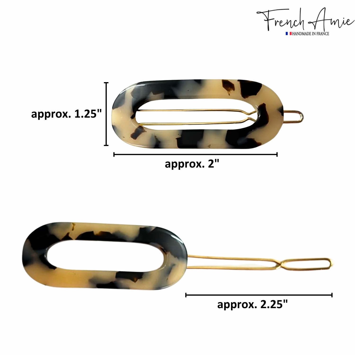 French Amie Mini Oval 2” Celluloid Handmade Snap Tige Boule Hair Clips