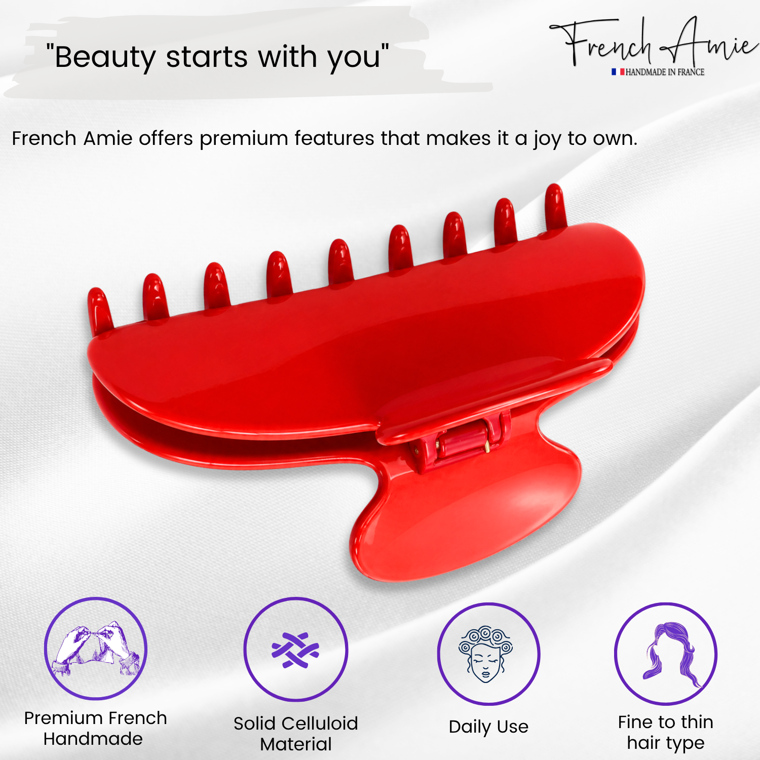 French Amie Thin Oval Large 4 1/4” Handmade Cellulose Acetate Jaw Hair Claw Women