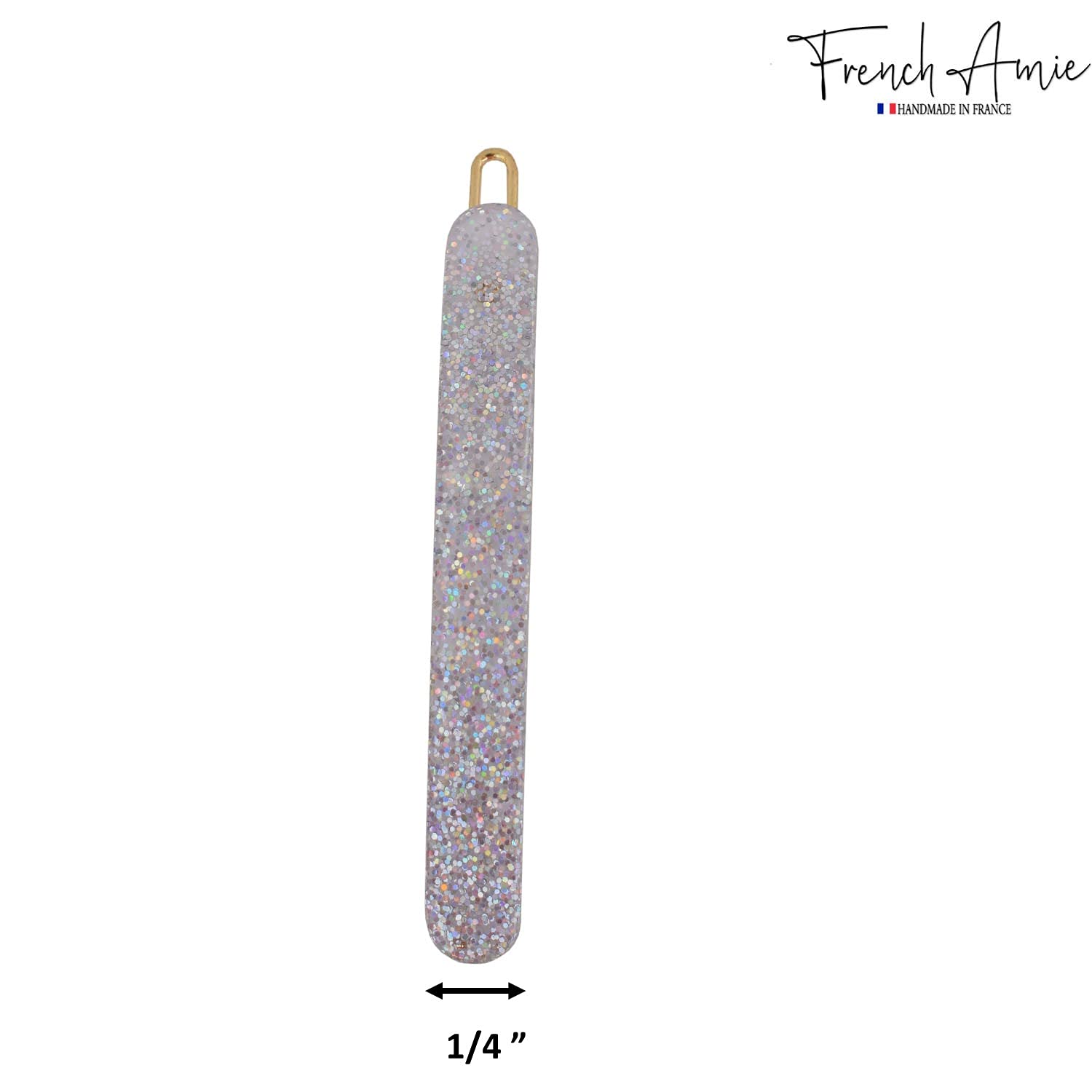 French Amie Rounded Oblong Small Silver Glitter Cellulose Snap Hair Clip 2Pcs
