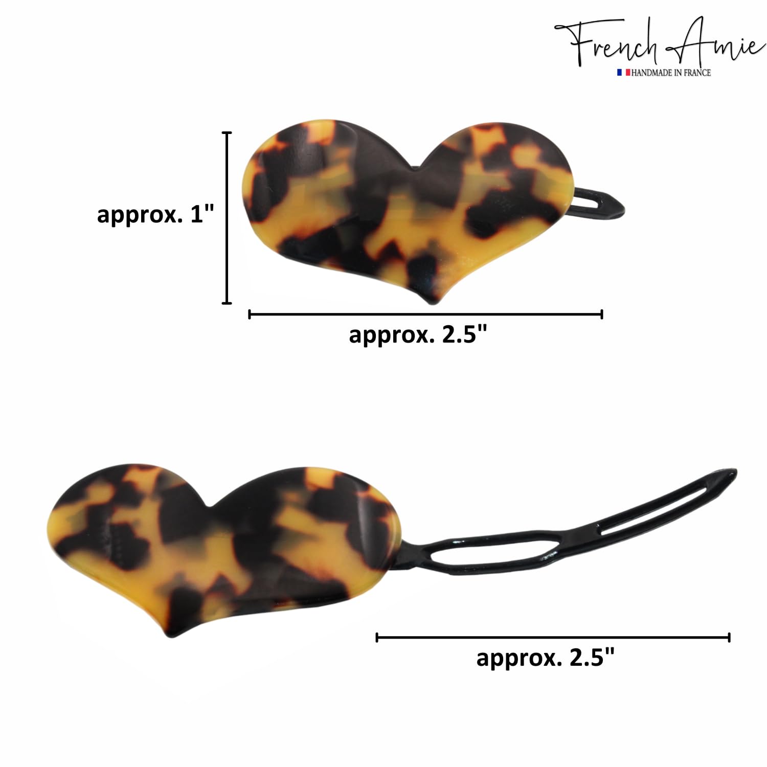 French Amie Cupid Hearts Small Celluloid Metal Free Snap Hair Clips - 2 Pcs
