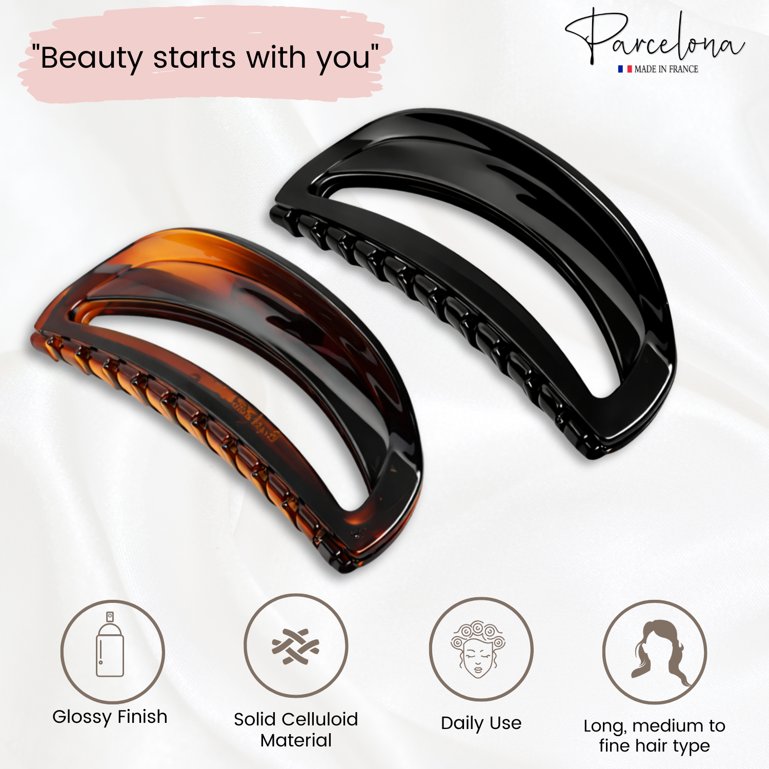 Parcelona French Thin Arch Cutout Medium 3" Hair Claw Clips for Women Set of 2