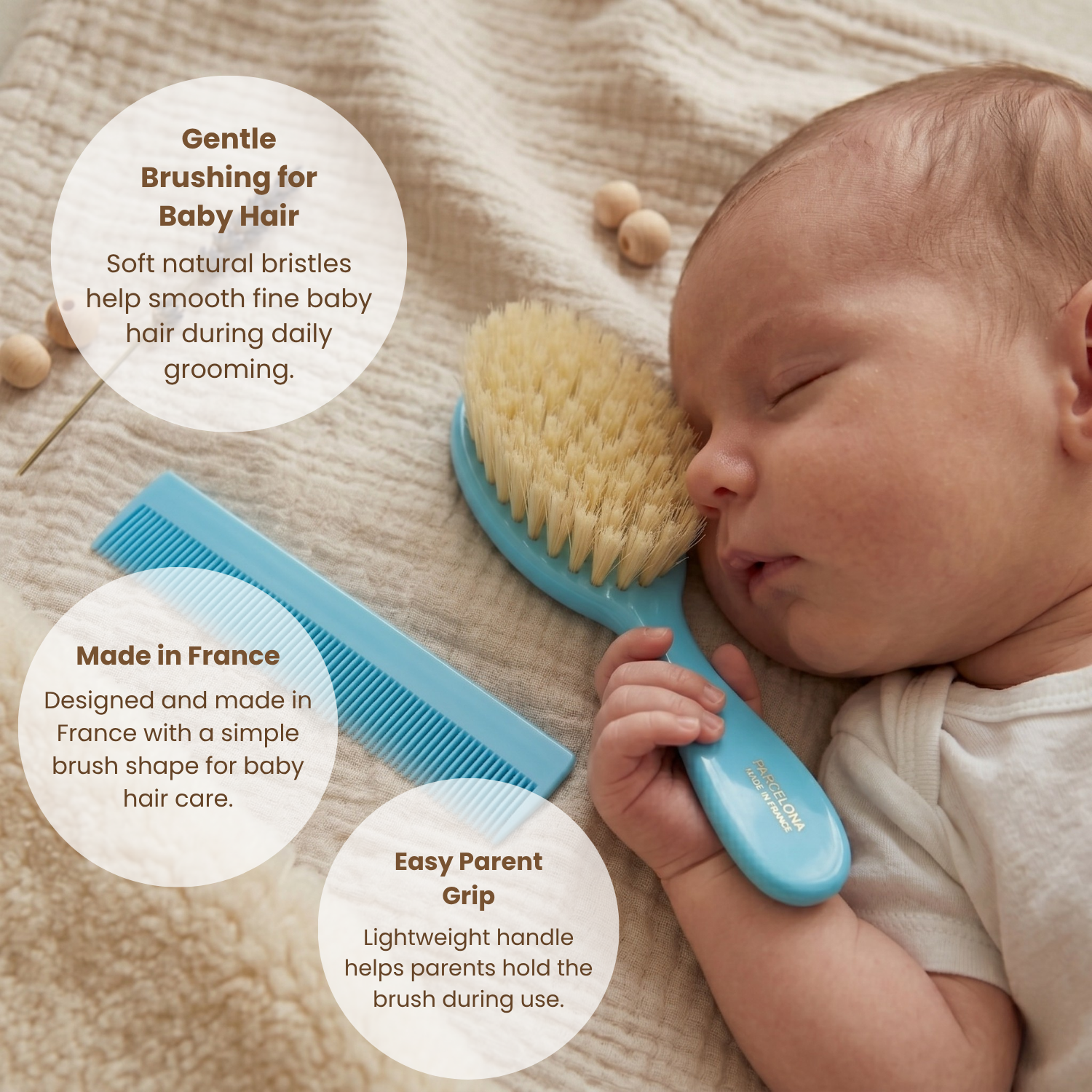 Parcelona French Grooming Combo 6” Cellulose Baby Brush and Comb for Toddlers