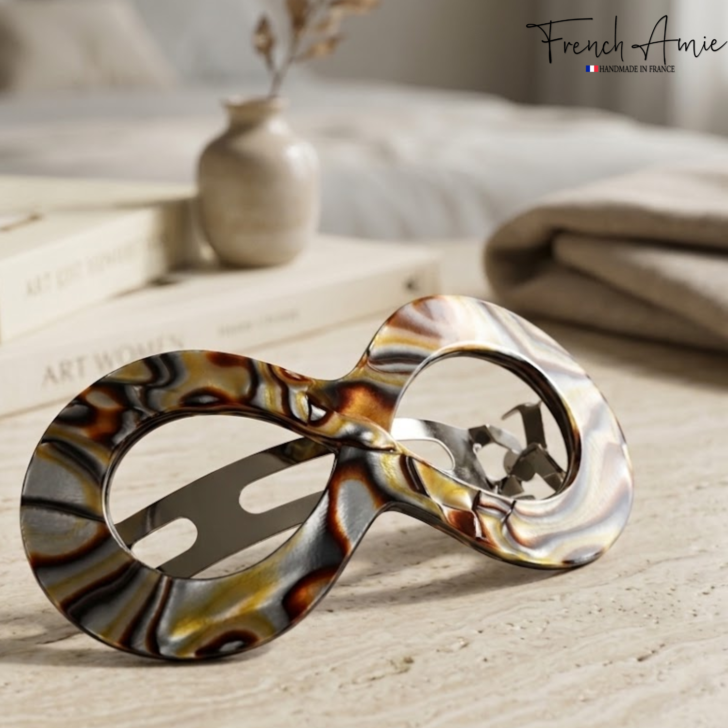 French Amie Infinity Loop Medium Hair Barrette 3" Cellulose Handmade Women Clip