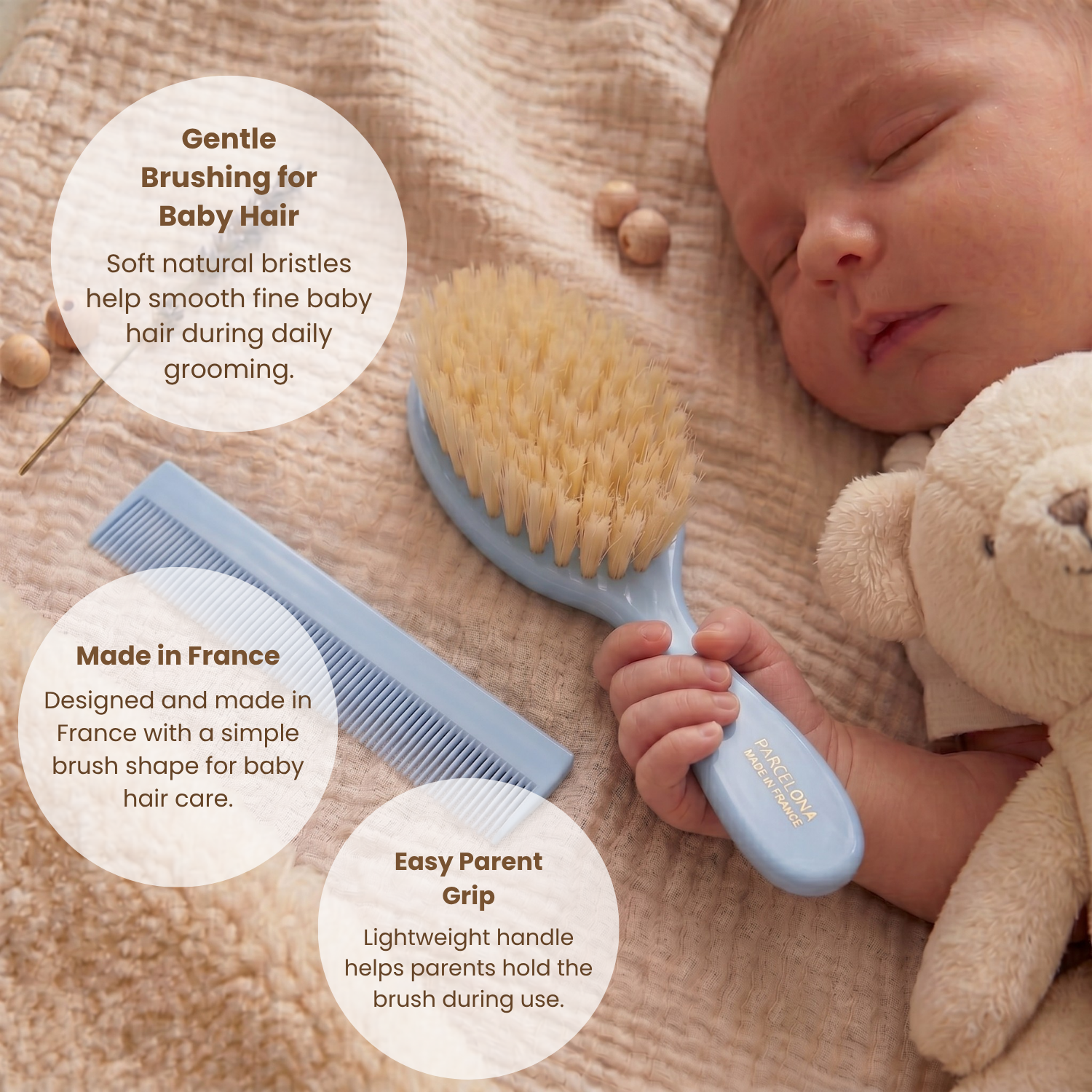 Parcelona French Grooming Combo 6” Cellulose Baby Brush and Comb for Toddlers