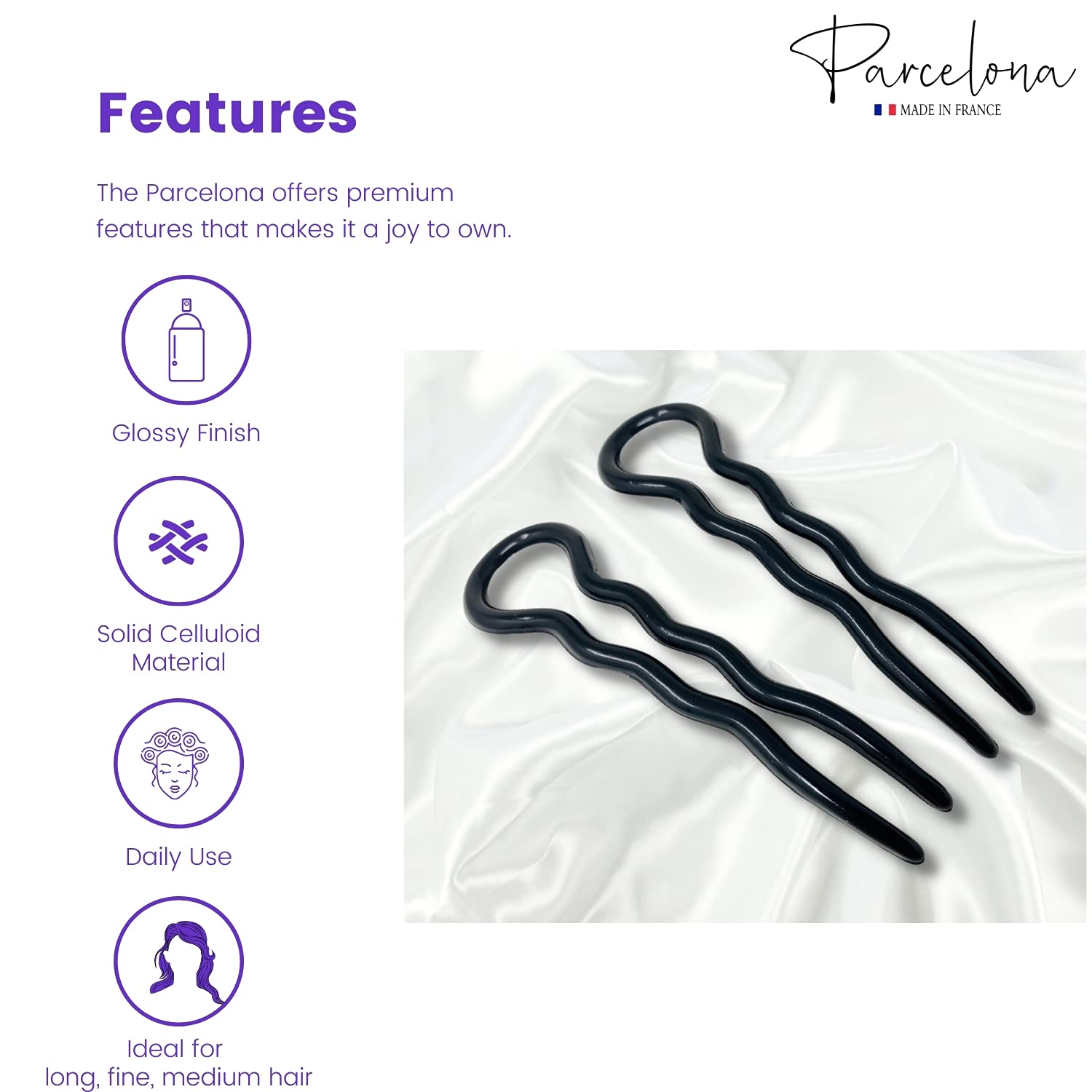 Parcelona French Sleek 3 1/2" Cellulose Wavy U Shaped Hair Pins for Women(2 Pcs)
