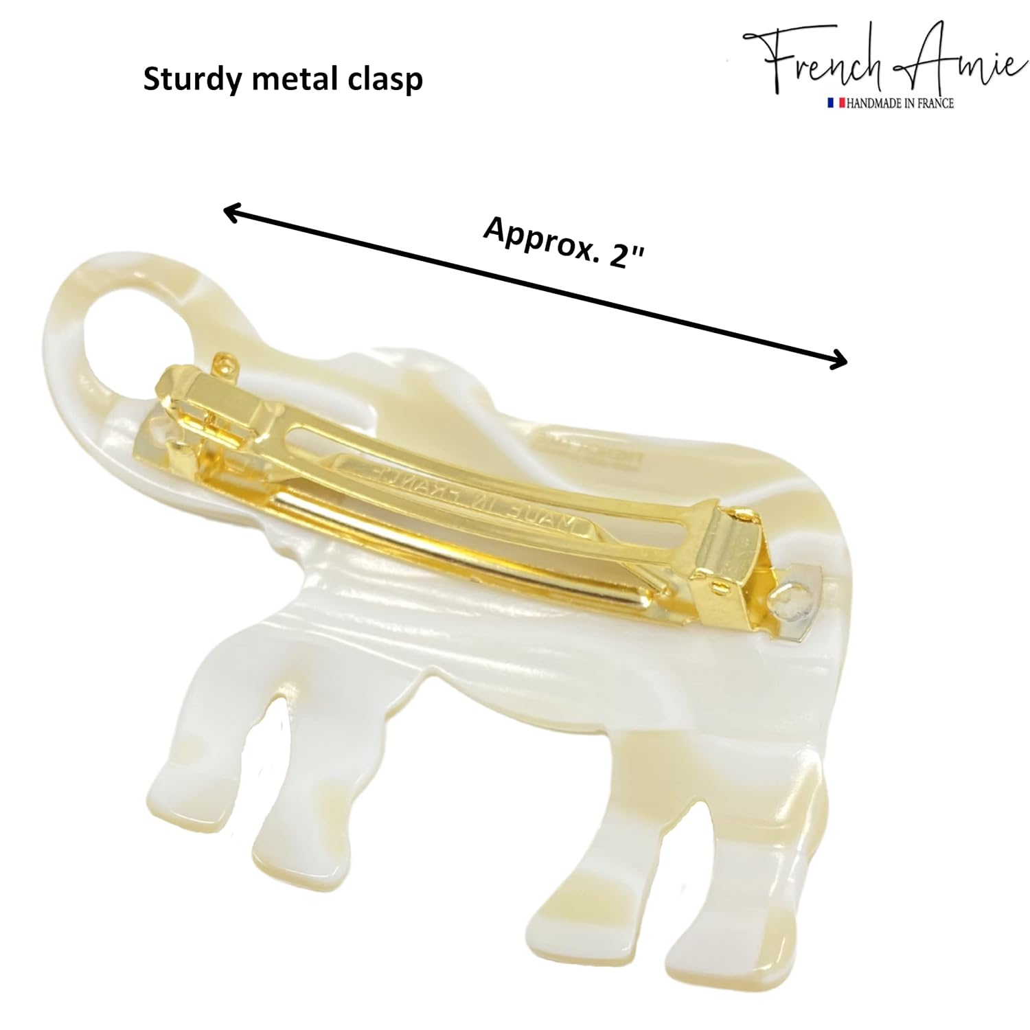 French Amie Elephant Crystal Cream Ivory Cellulose Handmade Hair Barrette