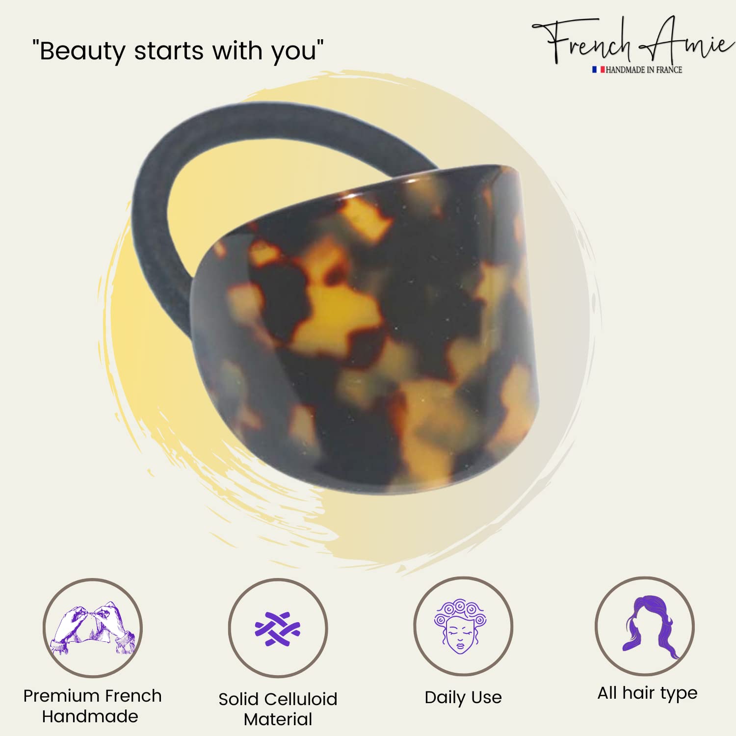 French Amie Curve Oval Cellulose Handmade Ponytail Elastic Hair Tie for Women